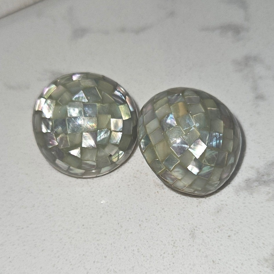 Vintage Abalone Shell Mosaic Stud Earrings Iridescent Green Round Dome Post Back