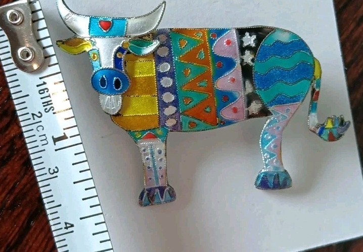 Zarah Enamel Cow Brooch Sterling Silver Colorful Folk Art Bull Pin Vintage 925