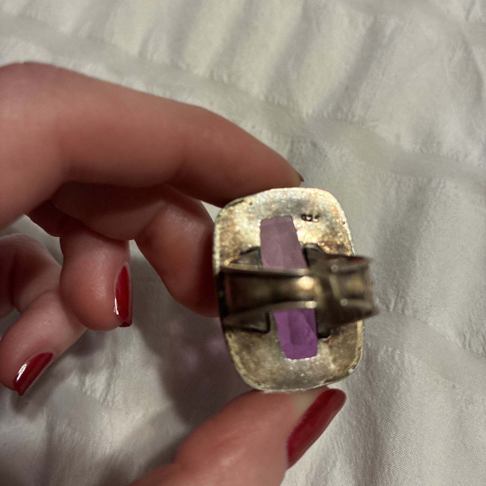 Vintage Large Purple Crystal 925 Sterling Silver Gold Ring Adjustable One Size