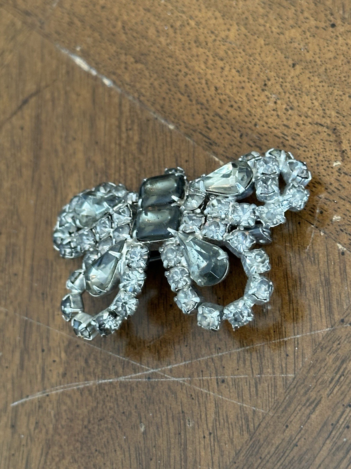 Vintage Smoky Gray Rhinestone Butterfly Brooch Silver Tone Nice!