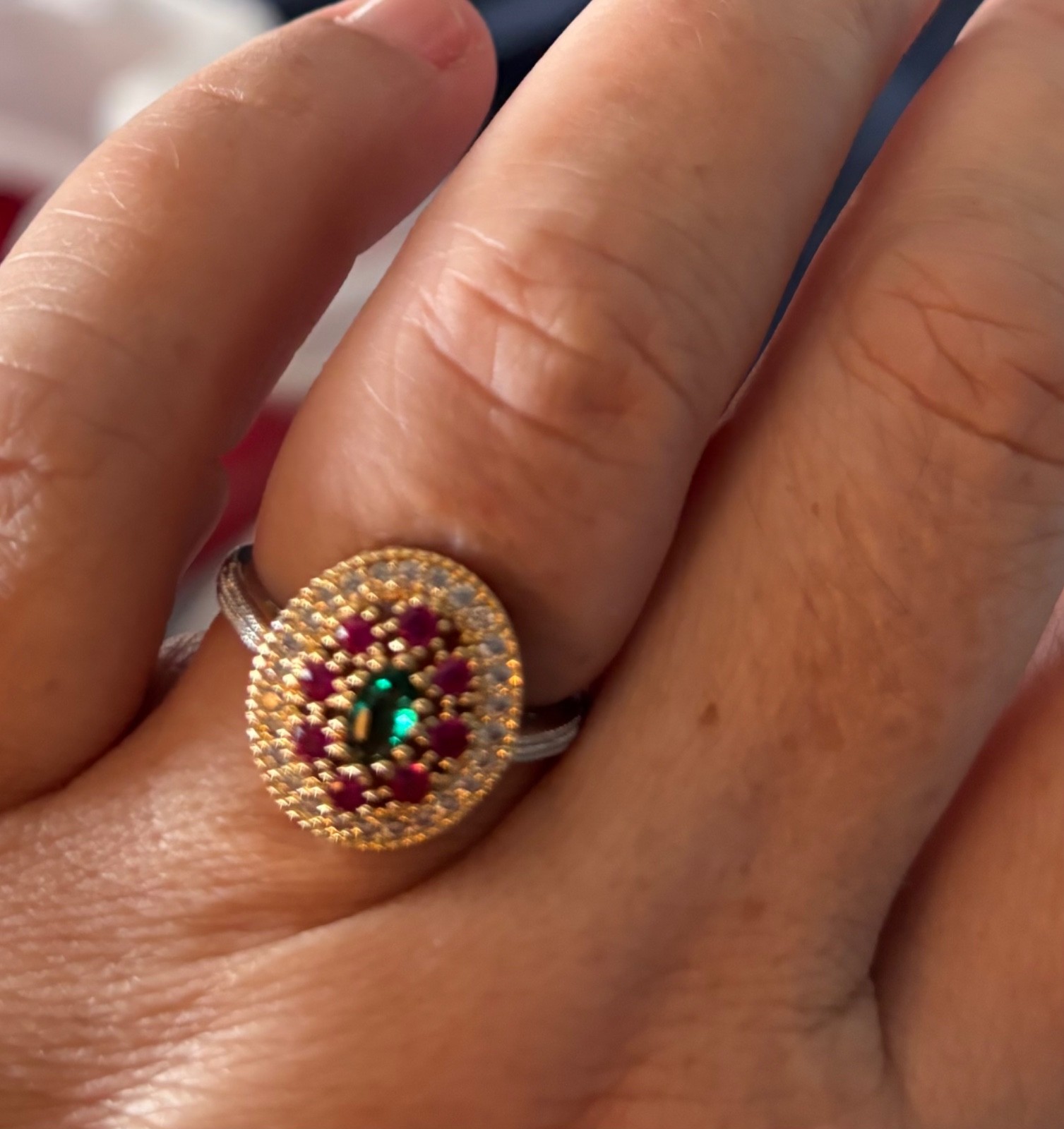 Vintage Gold and Silver Tone Multicolor Cluster Cocktail Ring Size 8 new