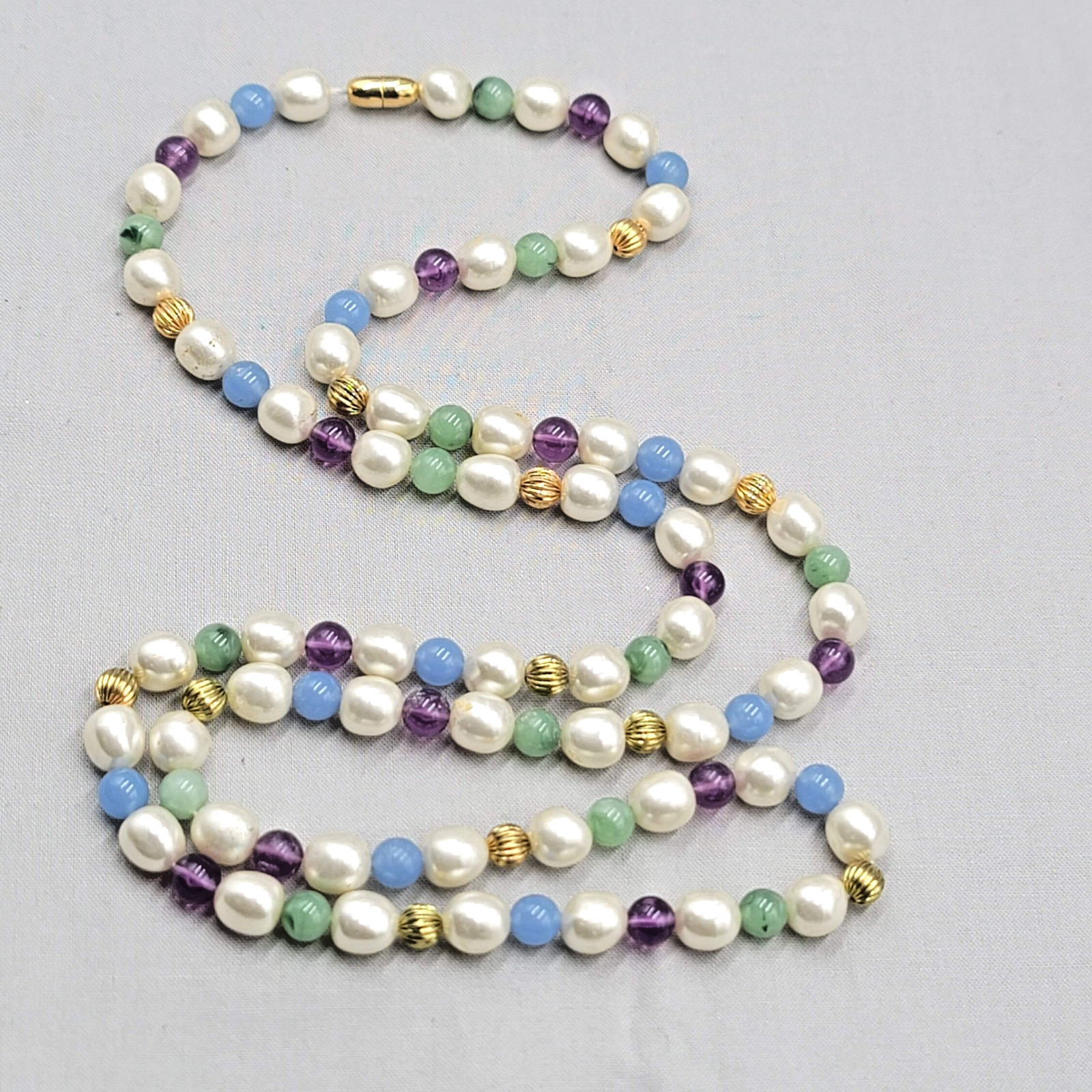 Vintage Bead Necklace Gold tone White Purple Blue Green Long 36″