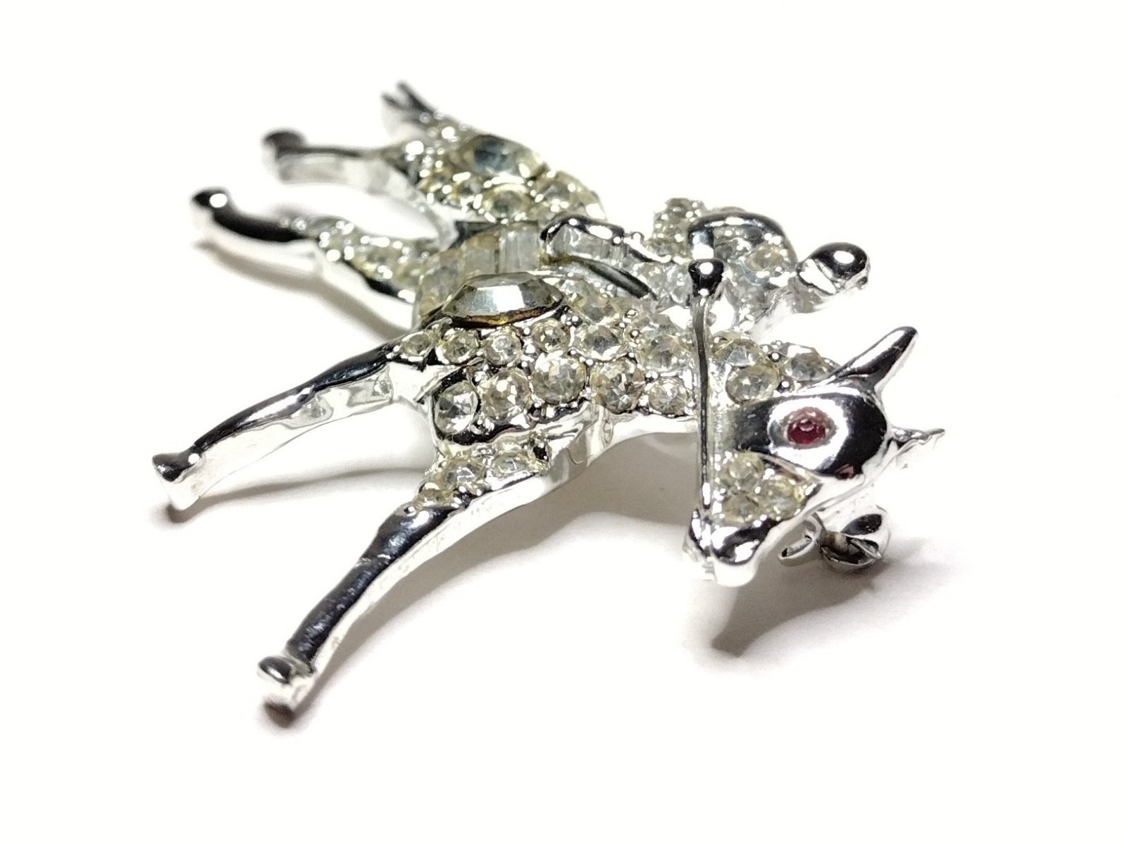 Vtg Rhinestone Equestrian Brooch Pin Derby Race Horse & Rider White Metal PELL ?