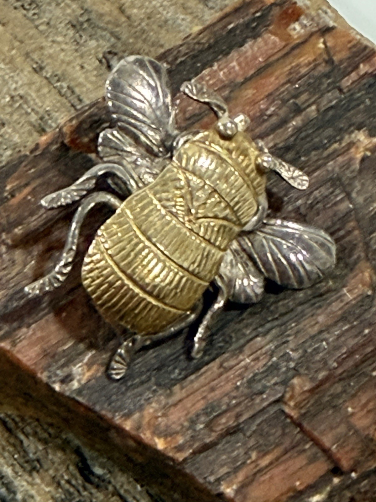 Vintage Sterling Silver Mexico Bee Figural Brooch Mixed Metal Taxco Style Insect