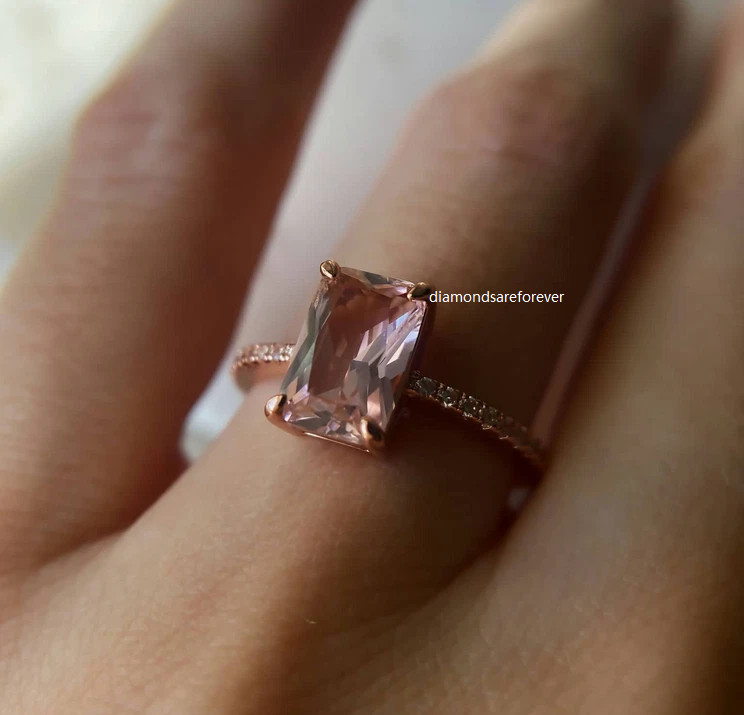 Pink Tourmaline Emerald & Round Cut 2.60CT Moissanites In 10K Rose Gold FN Ring