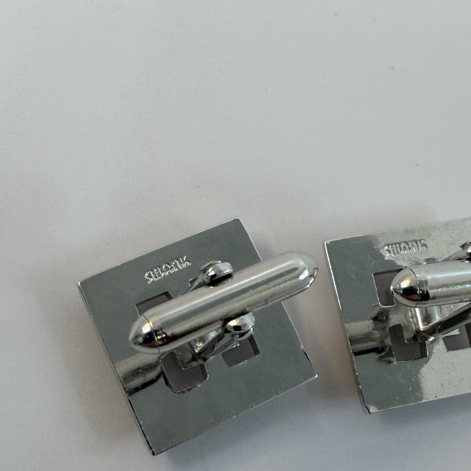 Swank Tie Clip and Cuff Links Set Brushed Silver Tone Onyx Stone