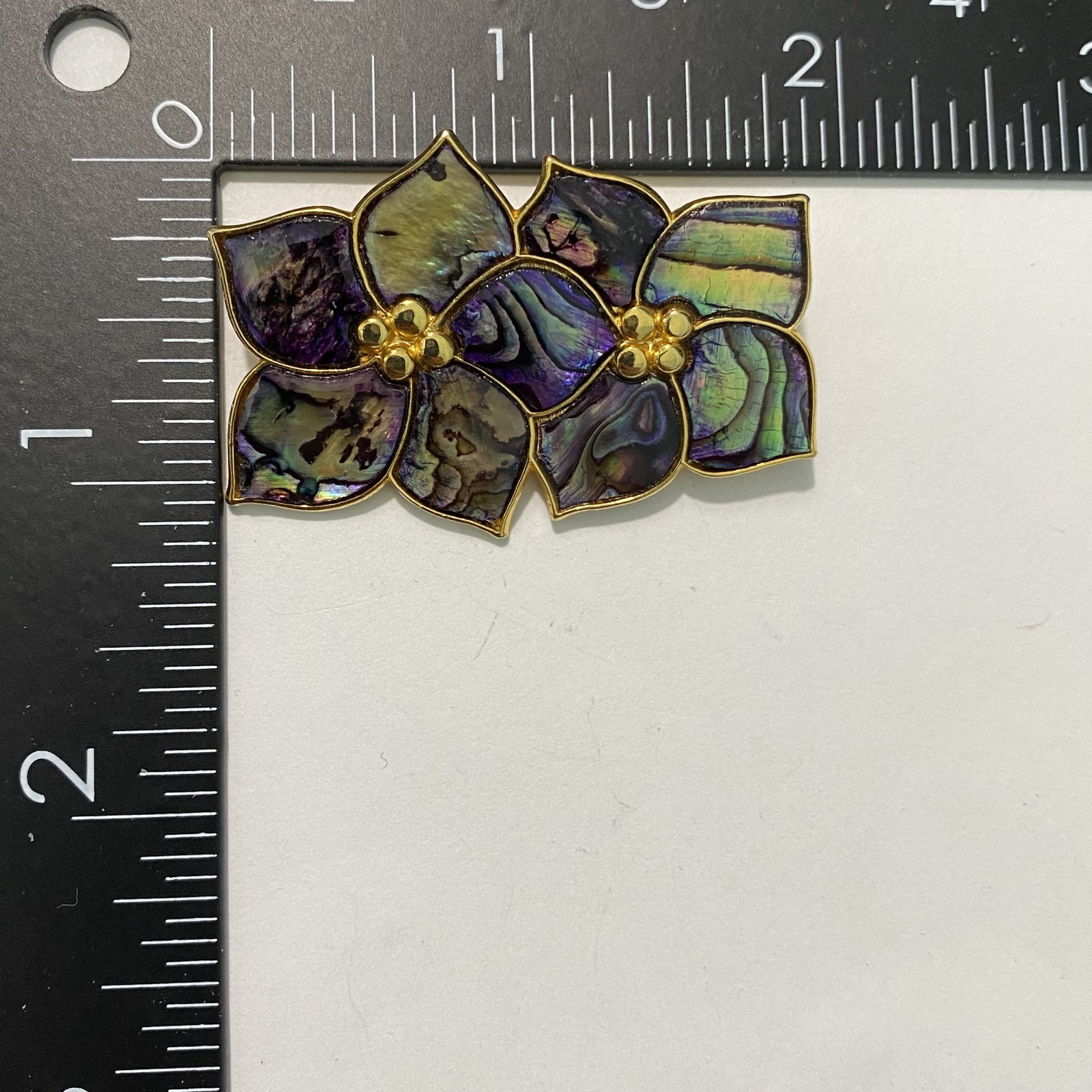 Vintage Abalone Shell Double Flower Brooch Pin Resin Gloss Gold Tone Retro 80s