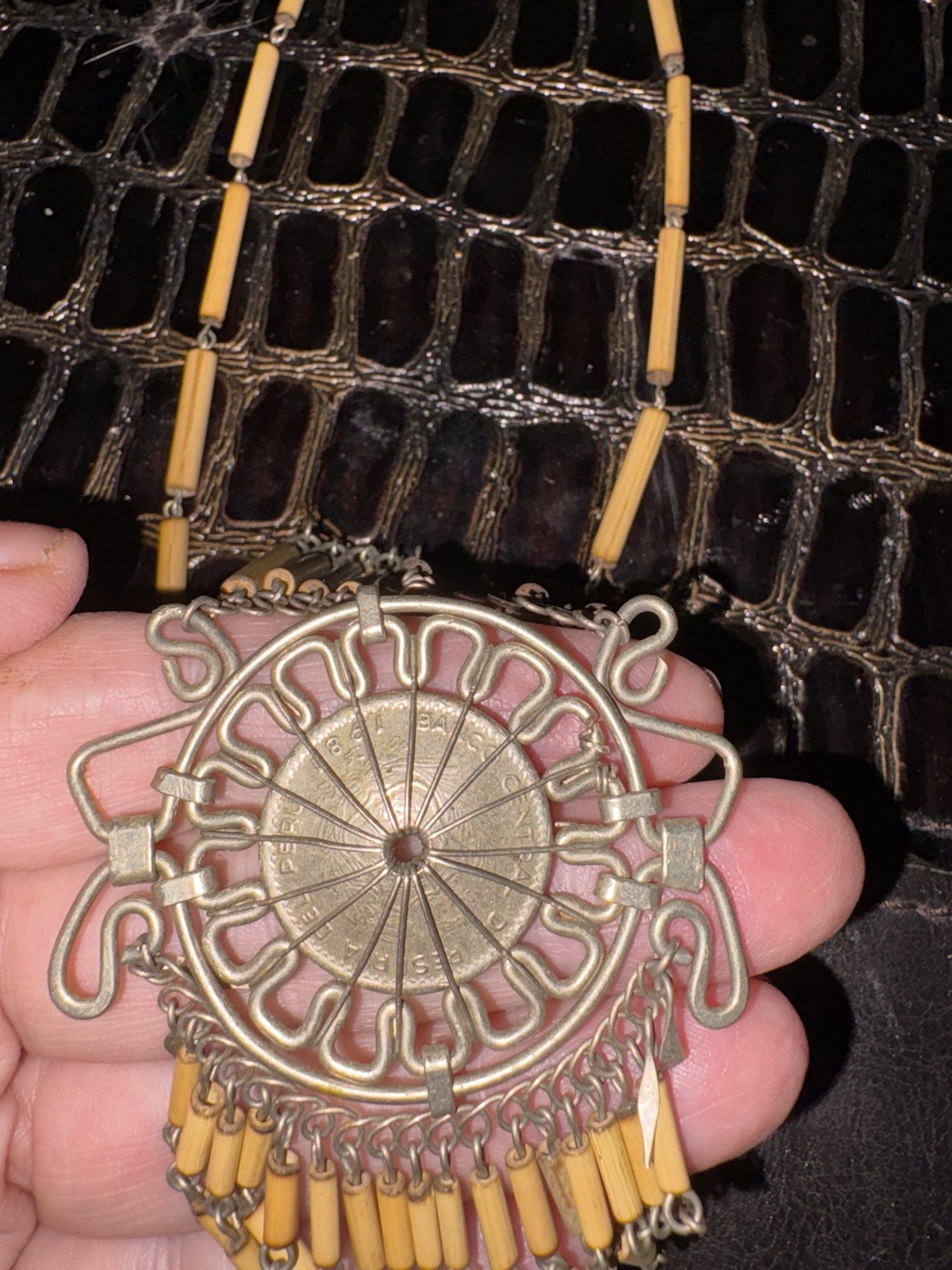 Vintage Peruvian Bamboo Hand-Wired MIGUEL GRAU Coin & Metalwork Tassel Necklace