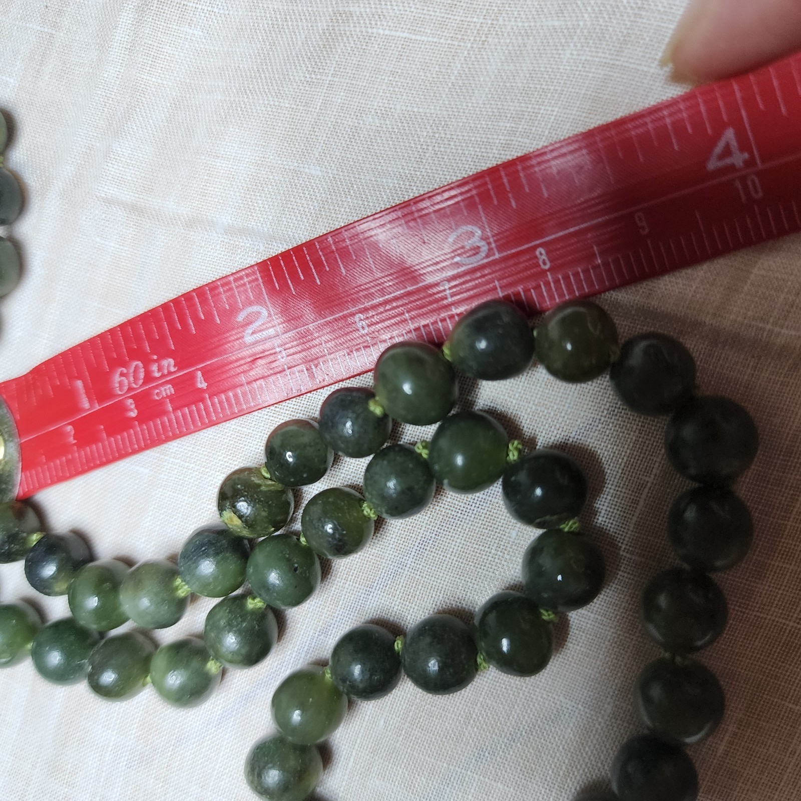 vintage nephrite necklace sterling silver spinach green beaded hand knot