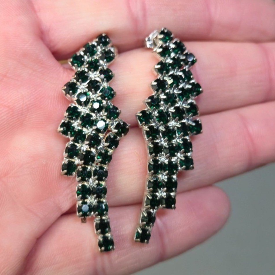 VTG Sterling Emerald Green Rhinestone Earrings Chandelier Waterfall Design 925