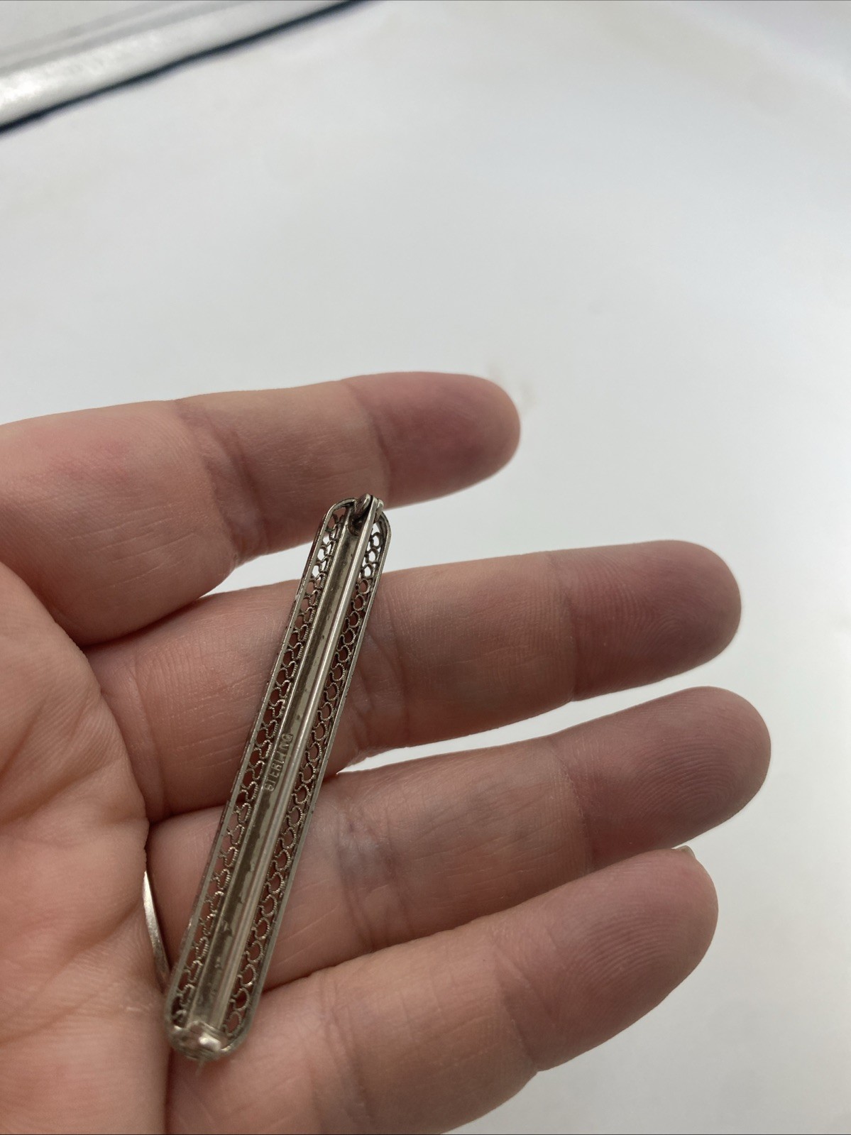 Antique Art Deco Sterling Silver With Rhinestones Bar Pin/Brooch