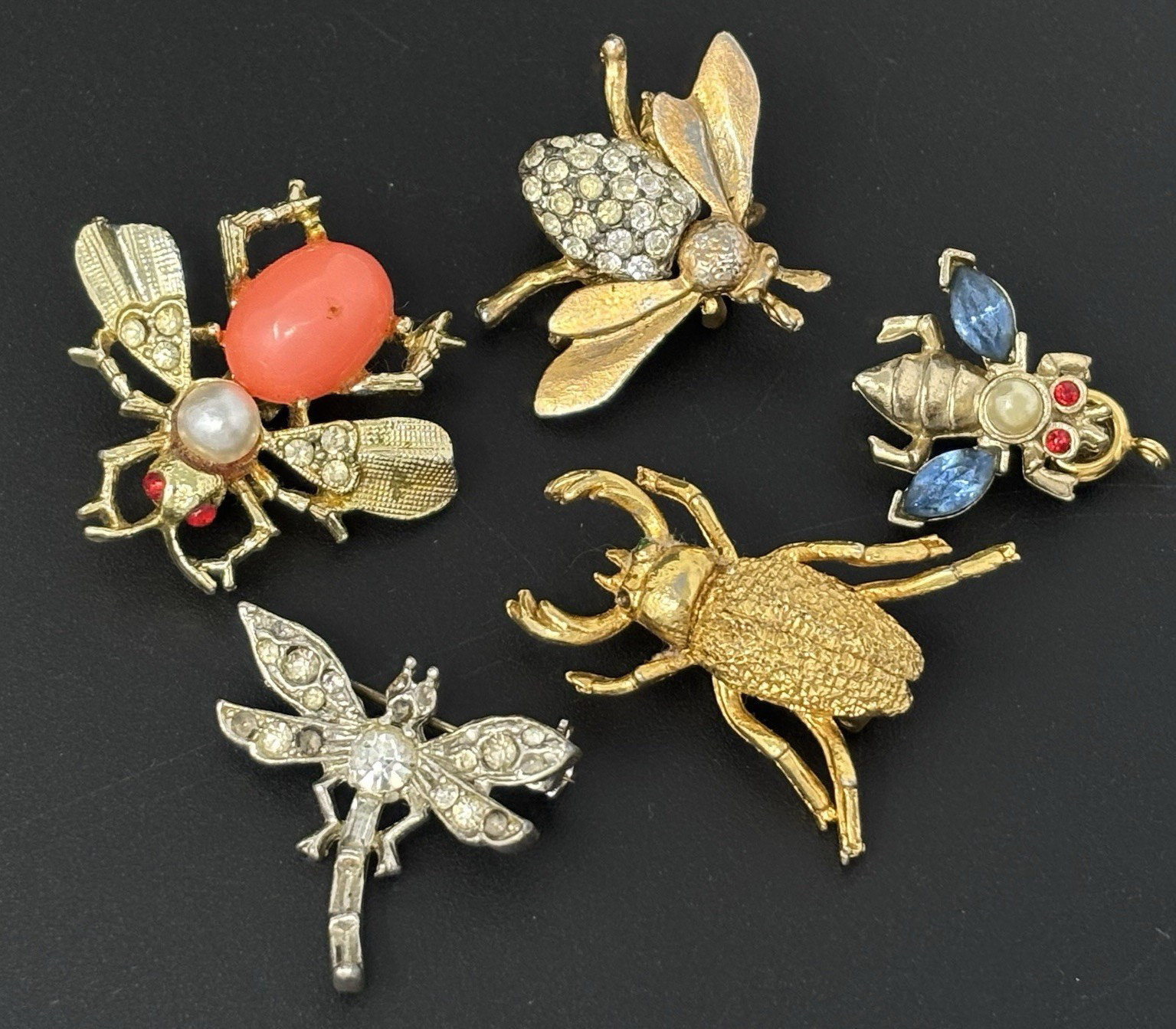 Vintage Estate Mixed Bug Insect Scatter Pin Brooch Lot Figural Rhinestone