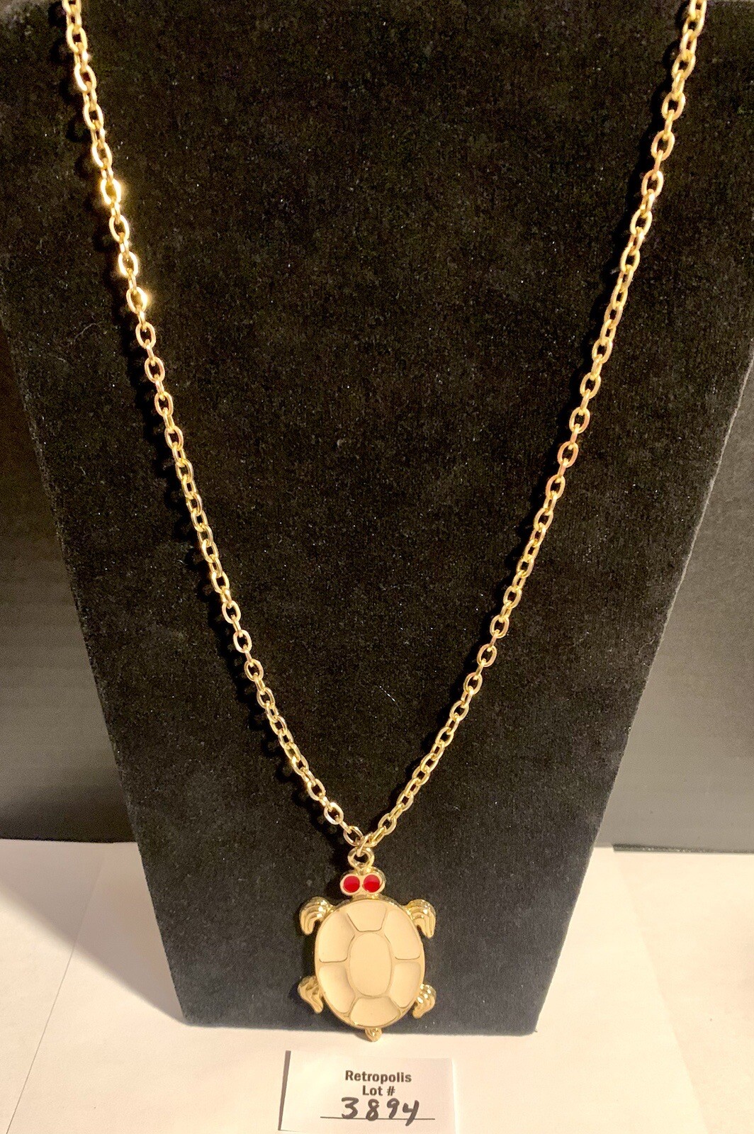 Enamel Turtle Necklace Gold Tone White & Red Vintage