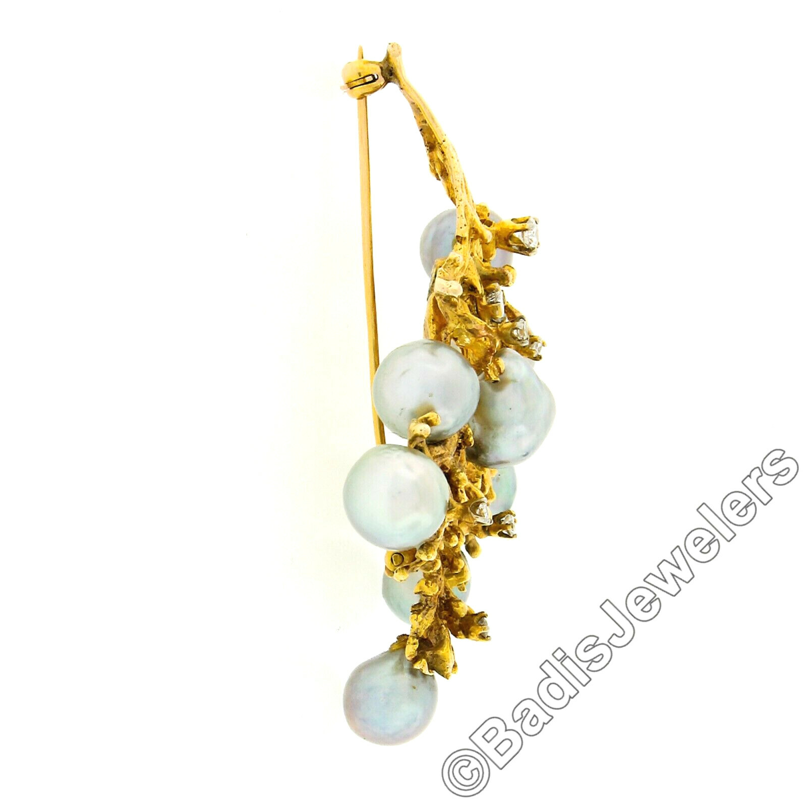 Vintage Textured 14K Gold Gray Pearl Diamond Freeform Flower Cluster Pin Brooch
