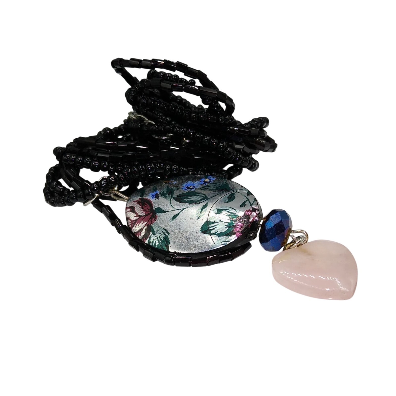 Vintage Hand Beaded Hearts and Flowers Drop Pendant on Multi Strand Black