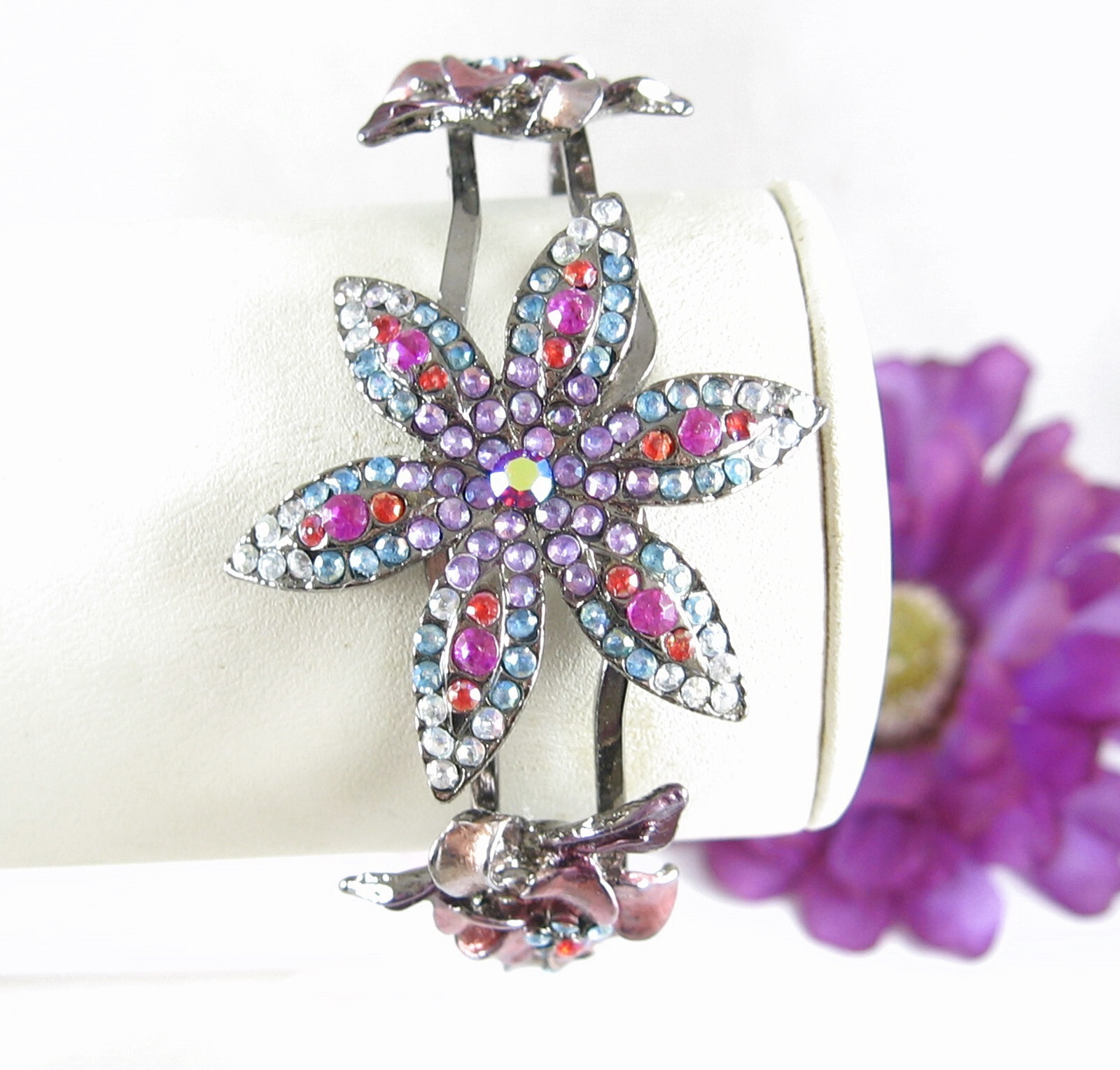 Color RHINESTONE CLAMPER BRACELET Vintage Flowers Pink Purple Gunmetal Gray