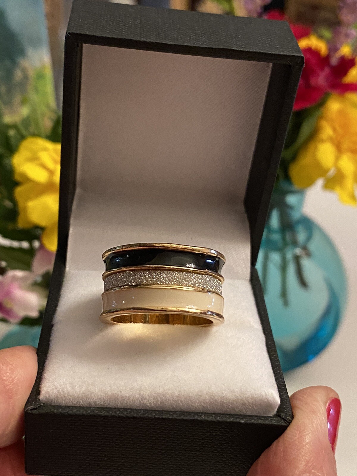 Vintage Enamel Paved Crystal Wide Band Ring