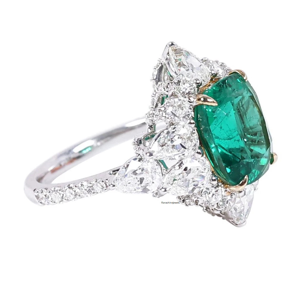 Exquisite Vivid Green 4.77CT Emerald & Lab-Created 5.60CT Diamonds Cluster Ring