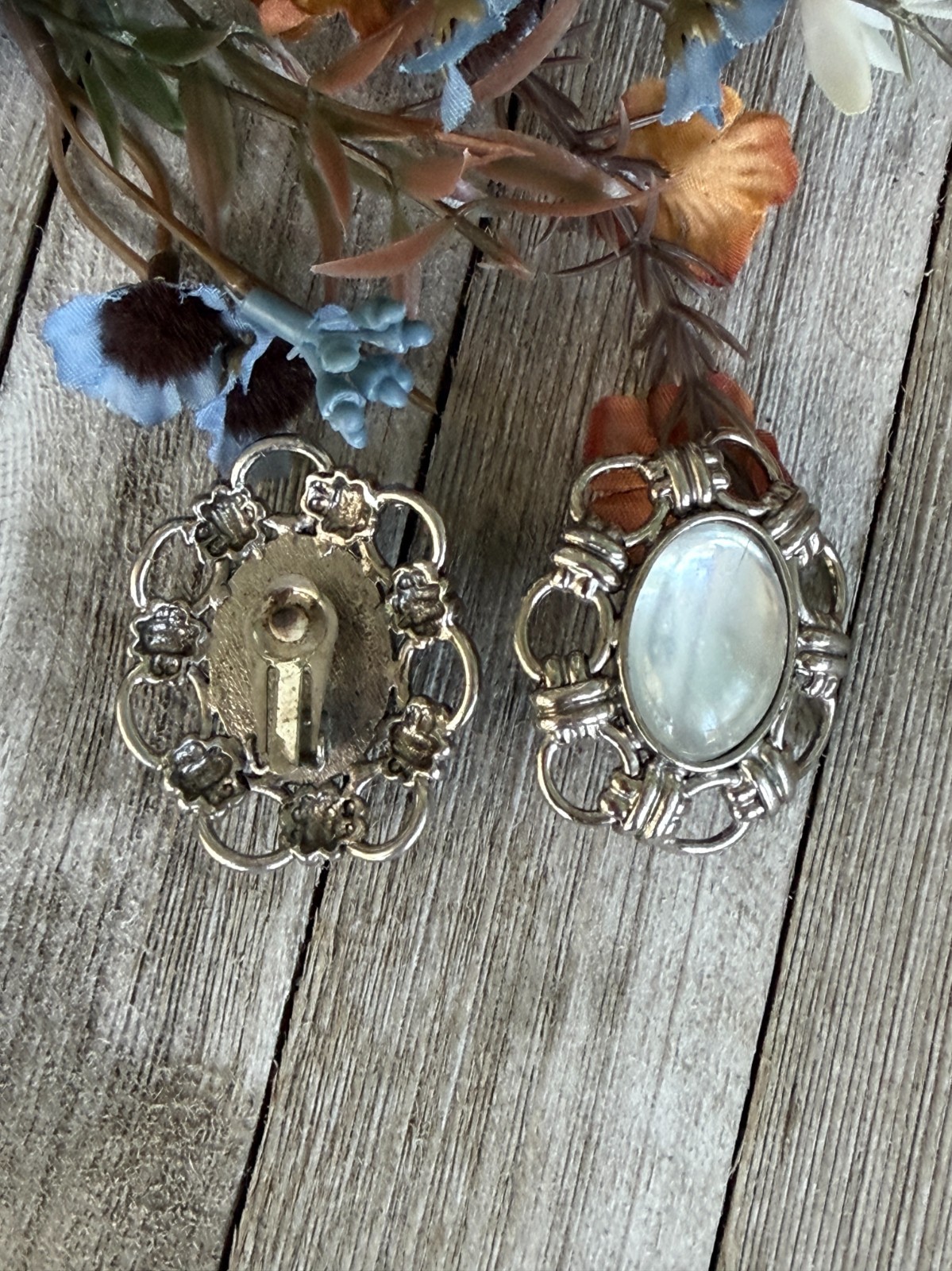 Vintage Silver Tone Clip On Earrings Faux Moonstone Cabochon Oval Statement