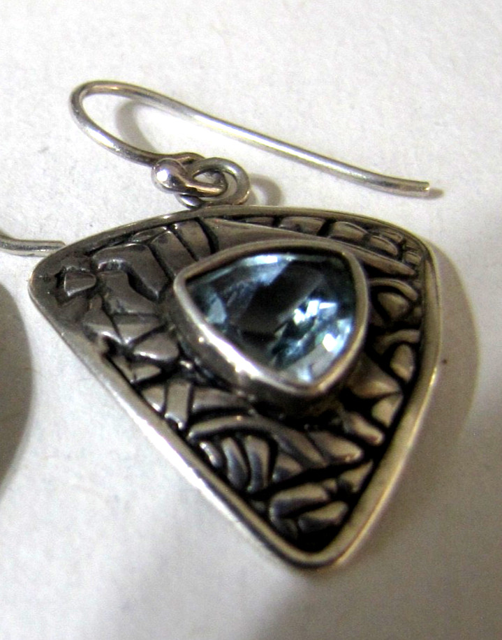 Vintage Sterling Silver Trillion Blue Topaz Tribal Shield Earrings Signed DC 925
