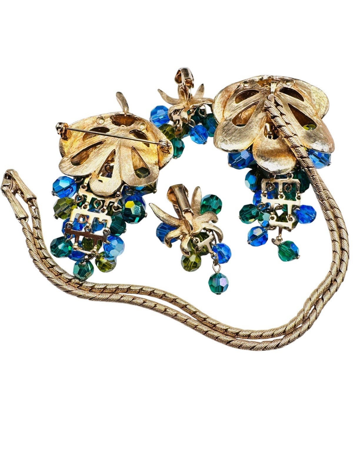Vintage Schrager Blue Green AB Glass Dangle Bead Necklace Brooch Earrings Set