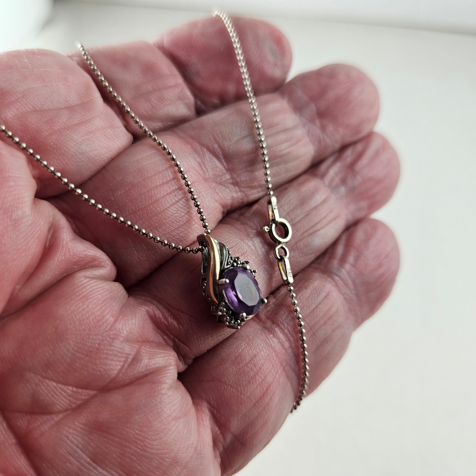 Sterling Silver & 10K AV Gold Pendant with Amethyst & Chain 16 in 3.0g [8820]