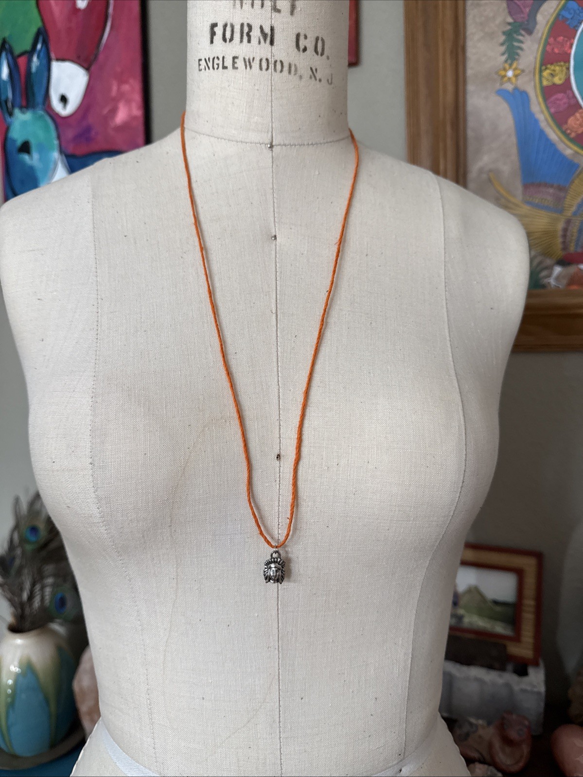 NATIVE AMERICAN INDIAN CHARM Dainty Necklace Hemp Cord Boho Tibetan Silver Tone