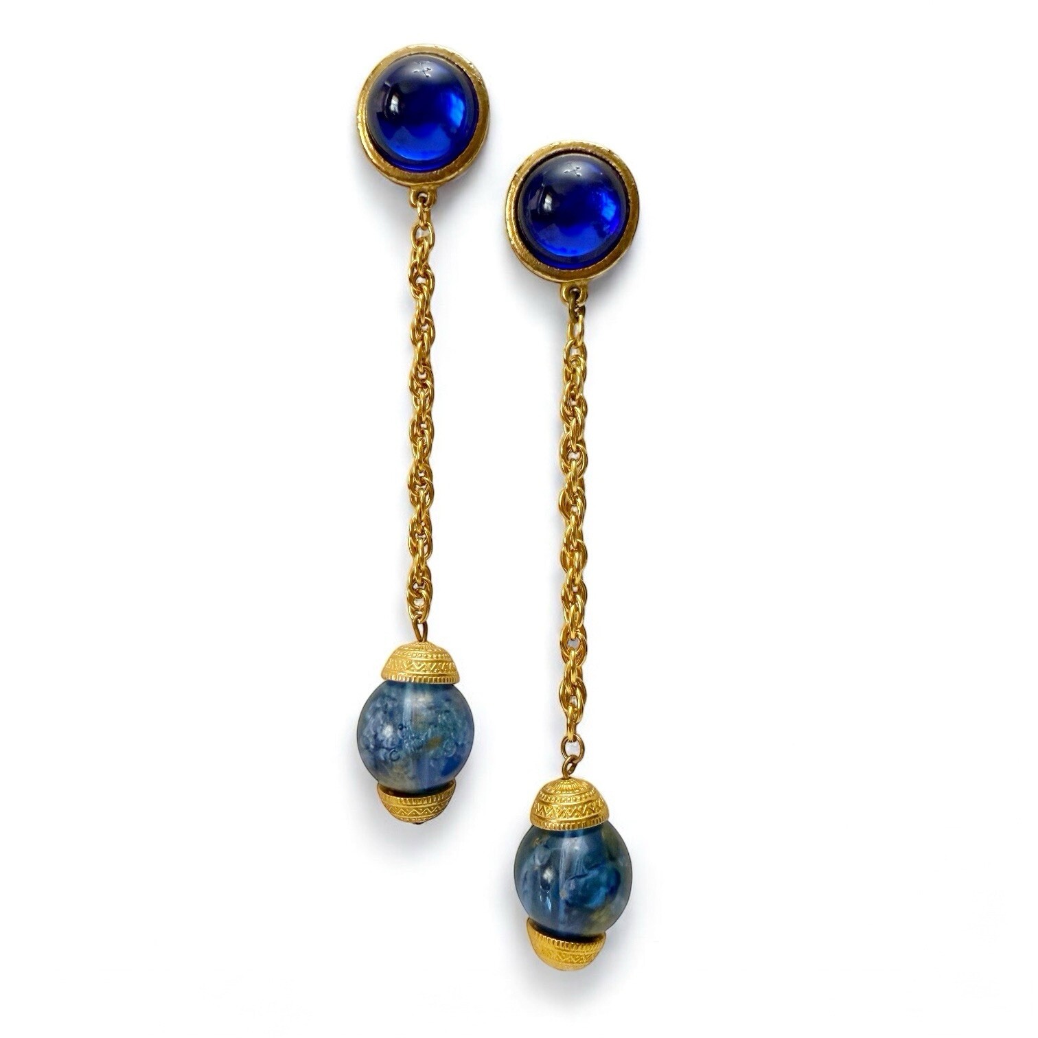 Vintage Blue Lucite Cabochon Bead Long Chain Dangle Linear Goldtone Earrings