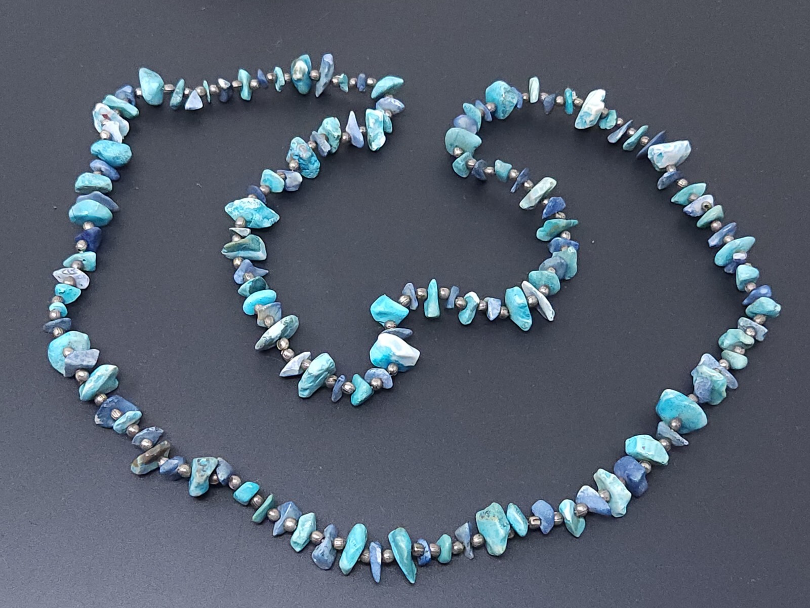 Vintage Silver Lapis Turquoise South Western Beaded Necklace 32″ No Clasp