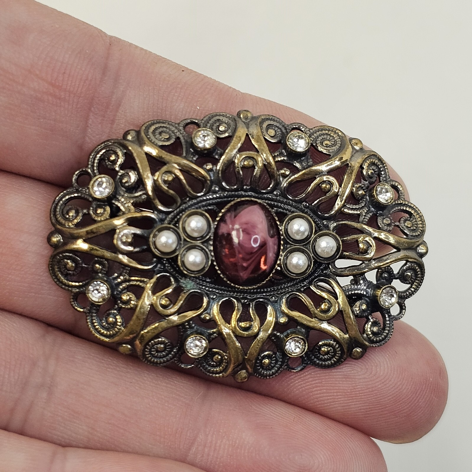 Silver Gold Tone Purple Clear Rhinestone Brooch Unmarked Vintage Pin