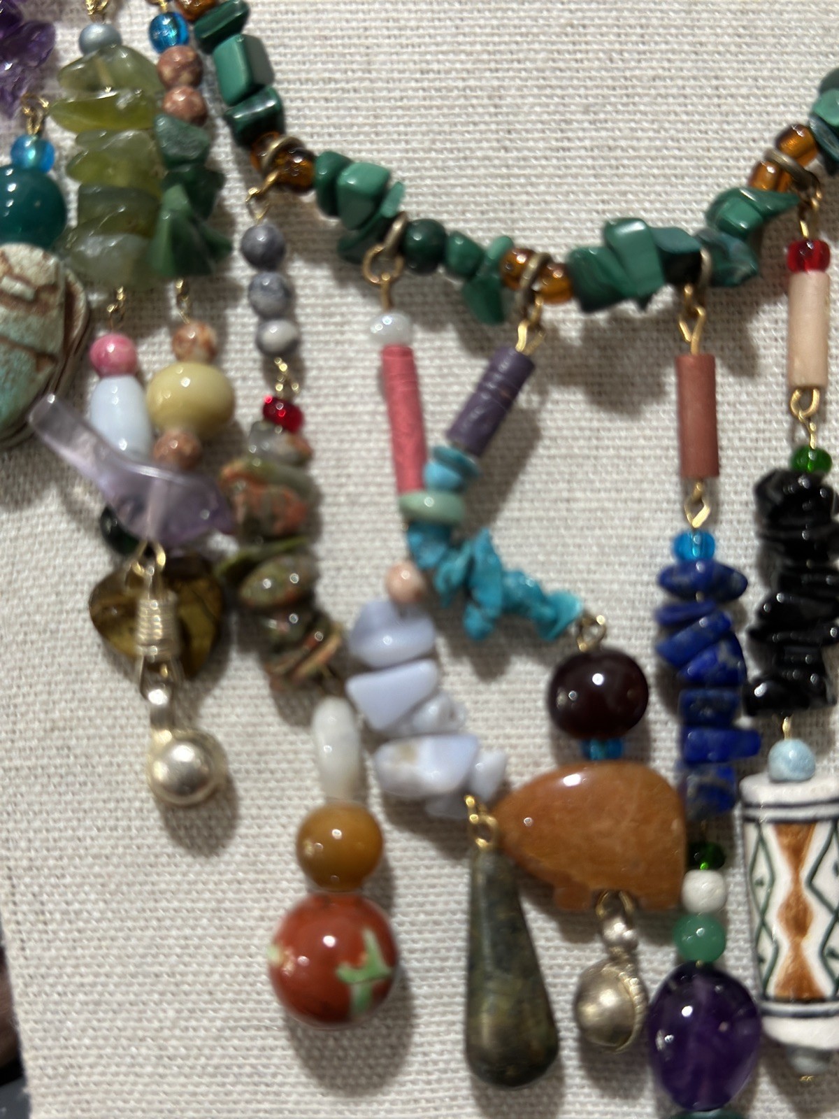Vintage Multi Gemstone Charm Necklace Green Bead Strand Dangle Drop Boho Ethnic