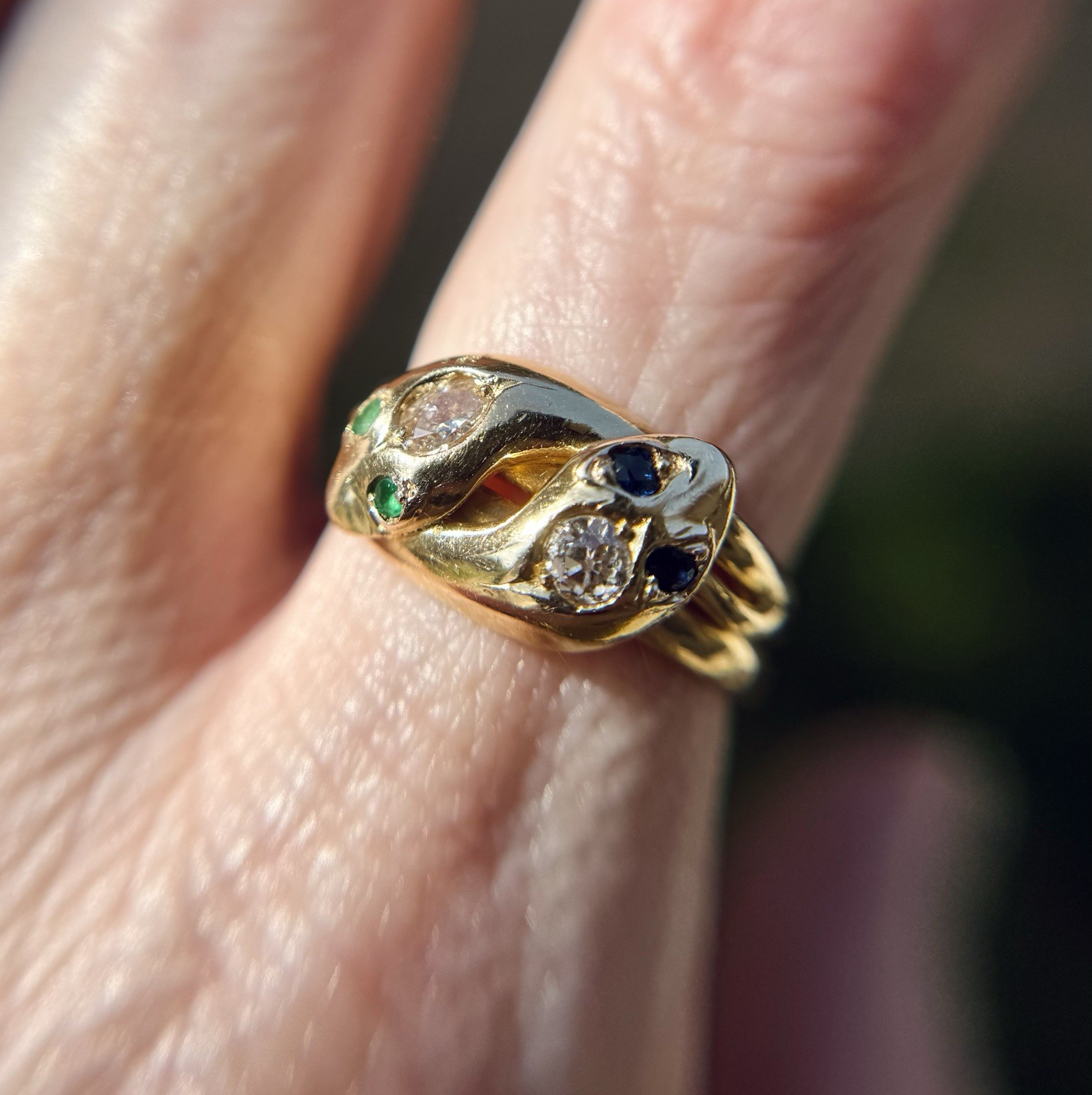 Antique Victorian 18K Gold Diamond Sapphire Emerald Double Snake Ring Sz 7.75 8g