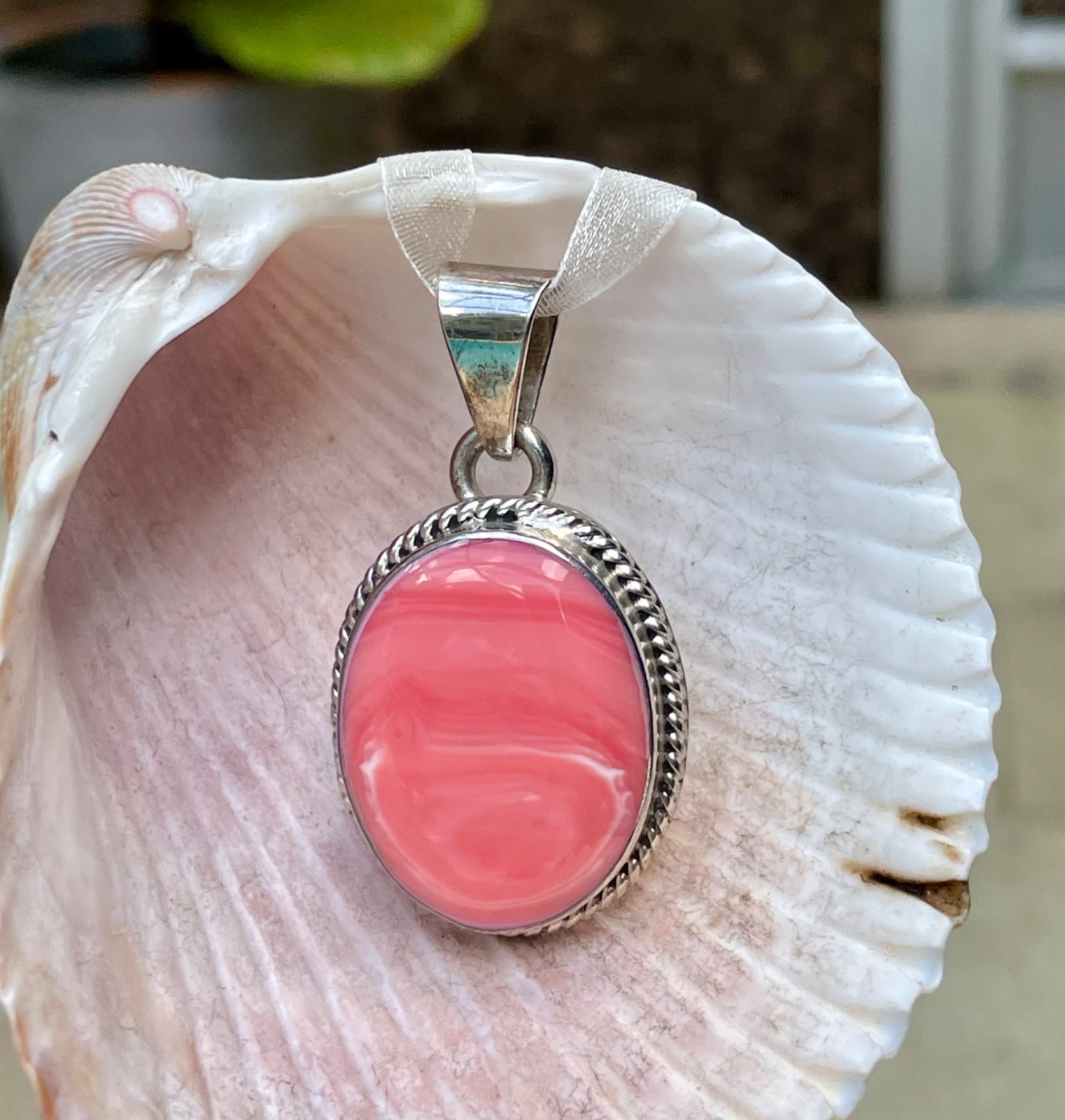 🎥 2″ Beach Peach Pink Spiny Oyster Sterling Silver Mexico Pendant Orange Vtg
