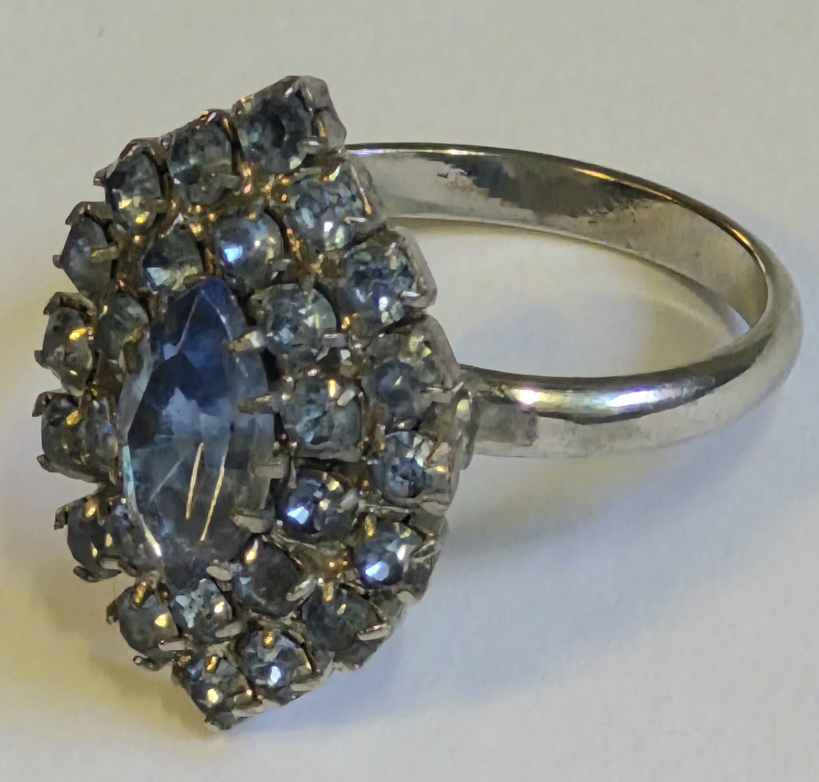Vintage Blue Rhinestone Marquise Cocktail Ring Silver Tone Adjustable Prong Set