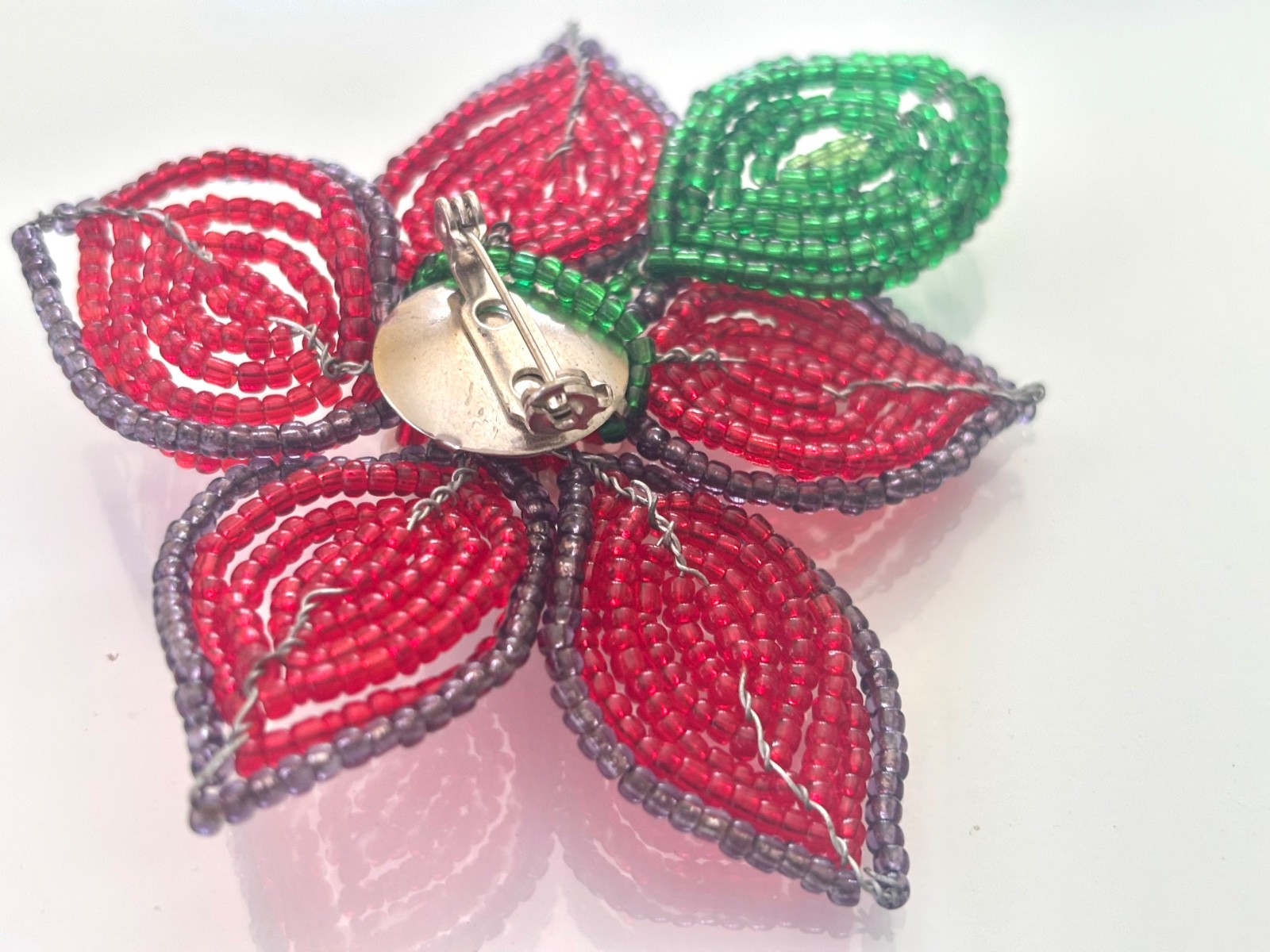 Sweet Hand Beaded Vintage Flower Brooch PIN with Green Leaf Details