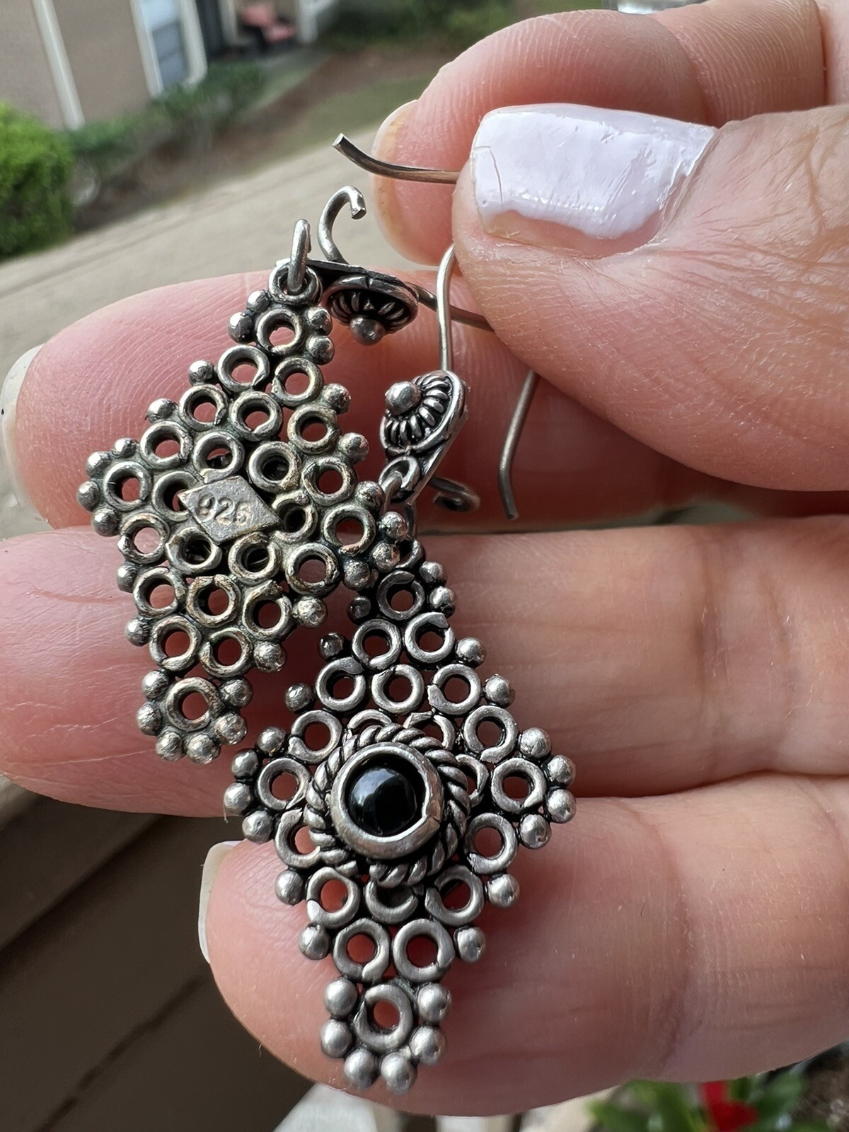 Vintage 925 sterling silver Lozenge Shape dangle Silver earrings with Round onyx