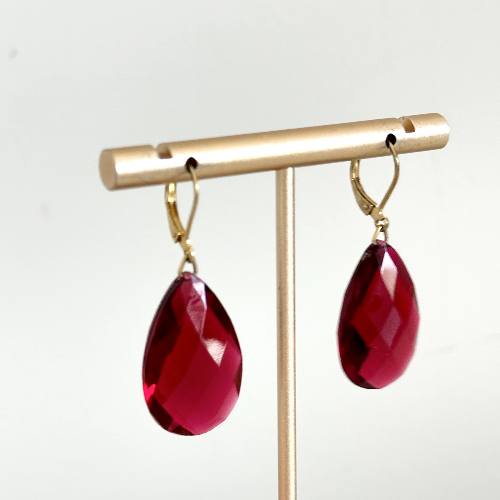 Vintage Joan Rivers Red Acrylic Faceted Crystal Gold Tone Leverback Earrings