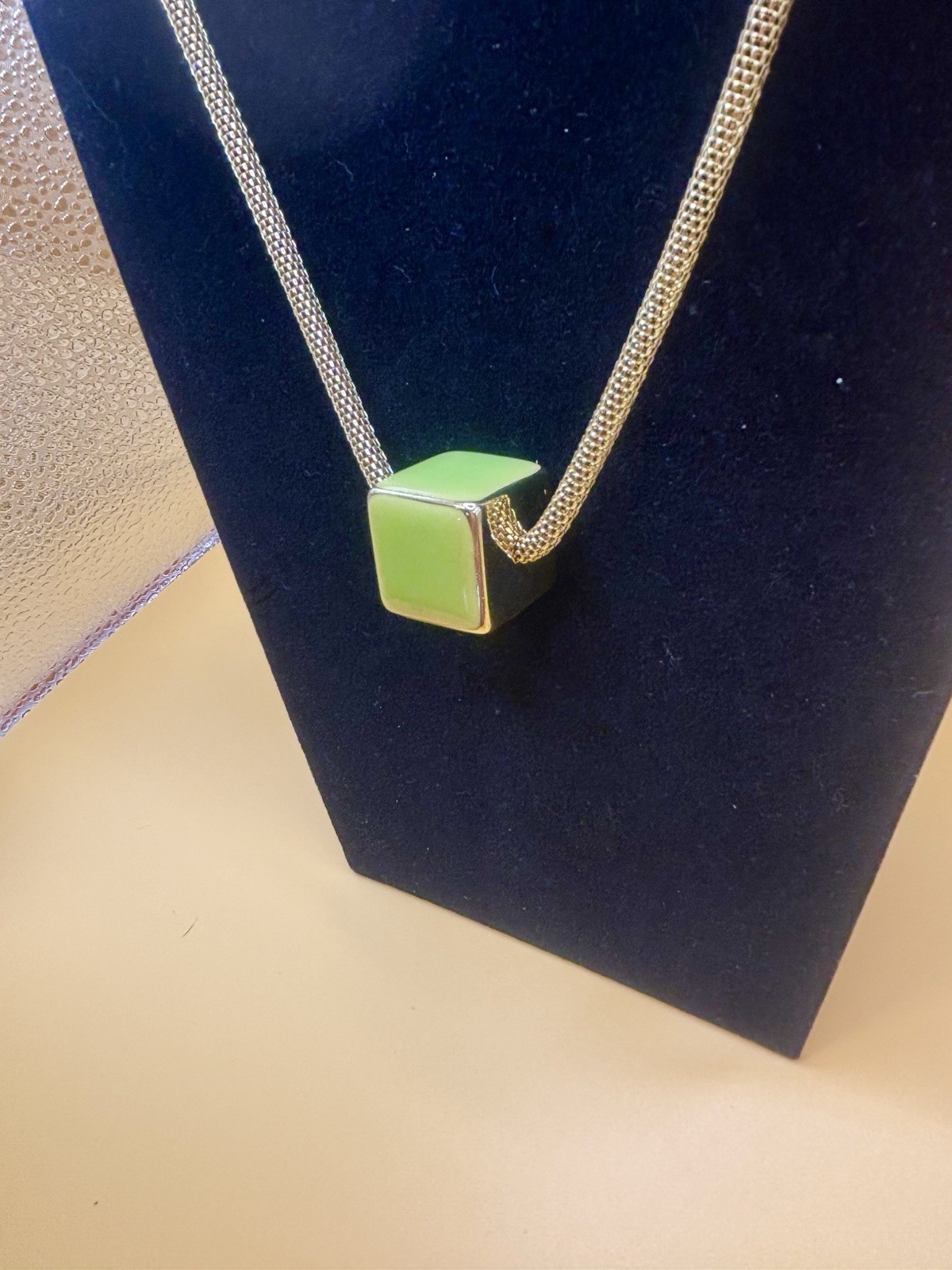 Vintage Modernist MCM Gold Tone Mesh Chain Lime Green Enamel Cube Necklace 32”