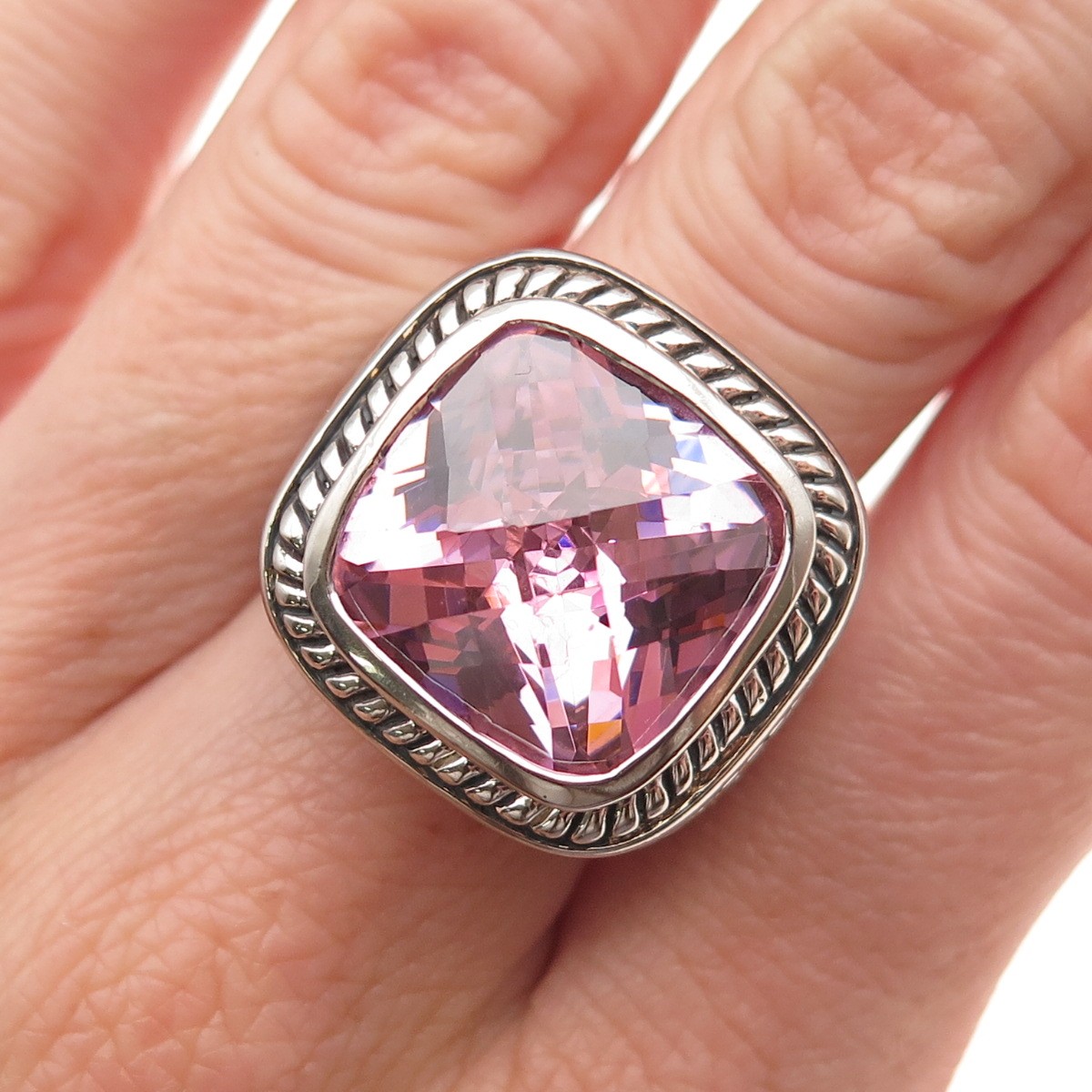 925 Sterling Silver Vintage Cushion-Cut Pink C Z Oxidized Ring Size 7.25