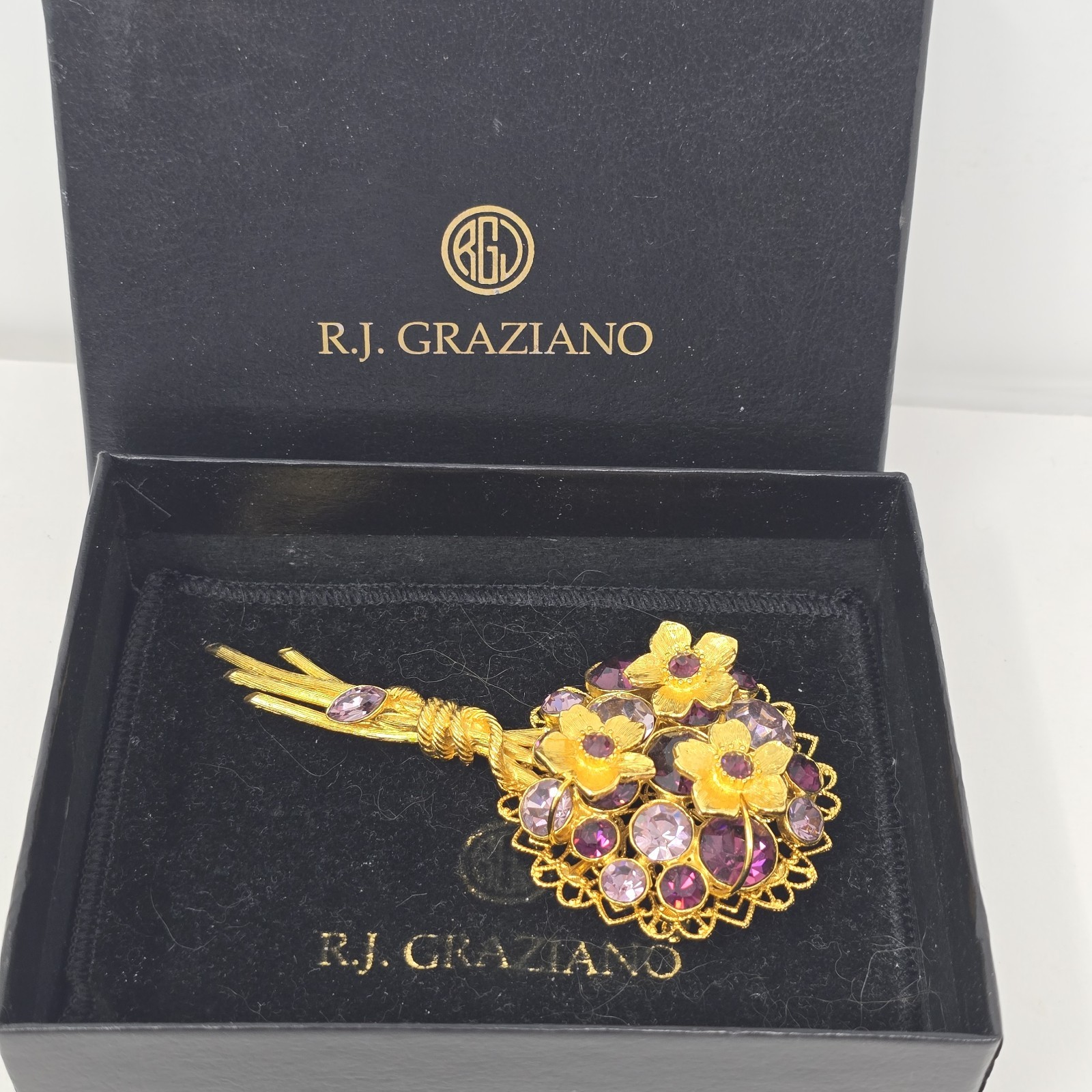 Signed RJ Graziano Purple Rhinestone Floral Bouquet Brooch