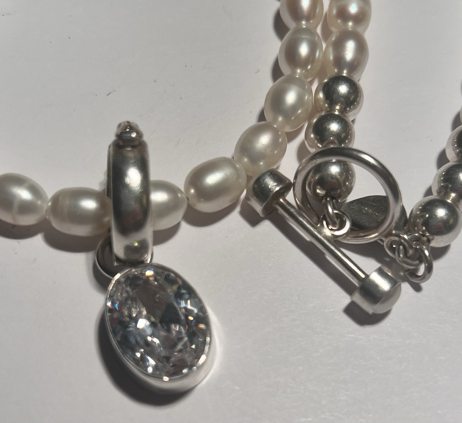 Harlene Korey Kalibre Sterling Freshwater Pearl Necklace Crystal Pendant