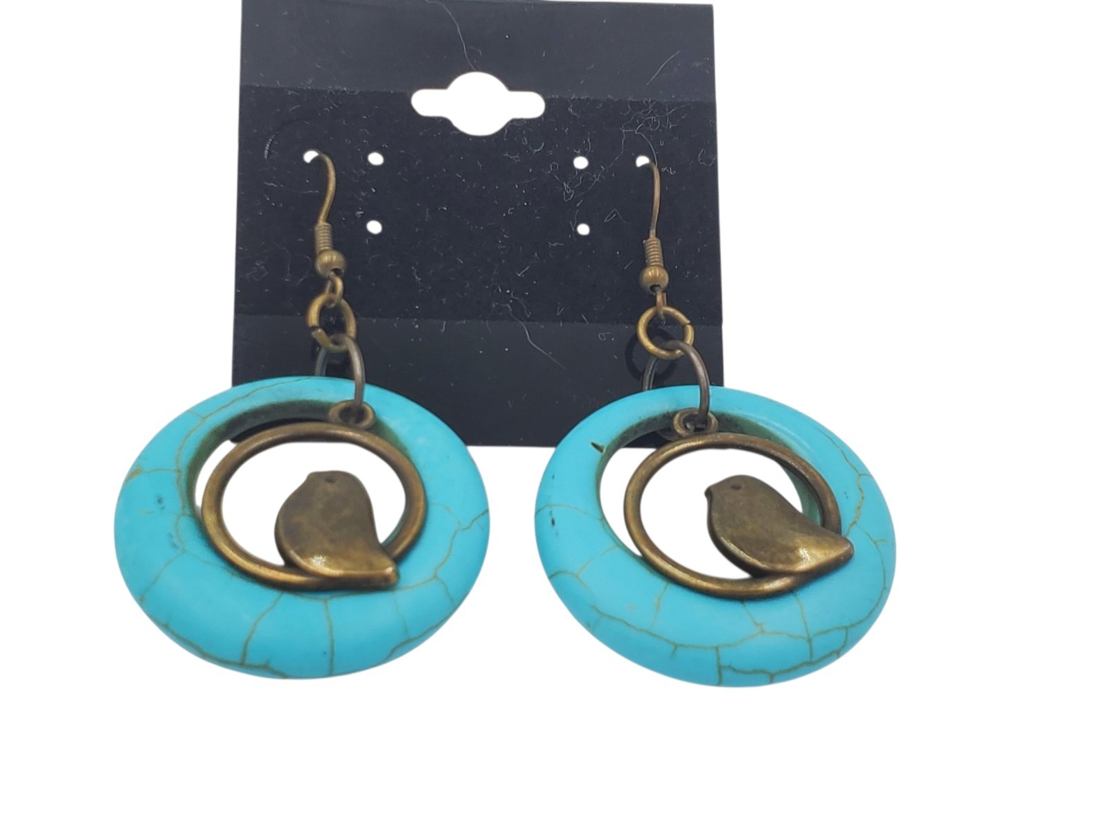 Vintage Brass and Blue Dyed Howlite Circles Dangle Bird Hook Pierced Earrings
