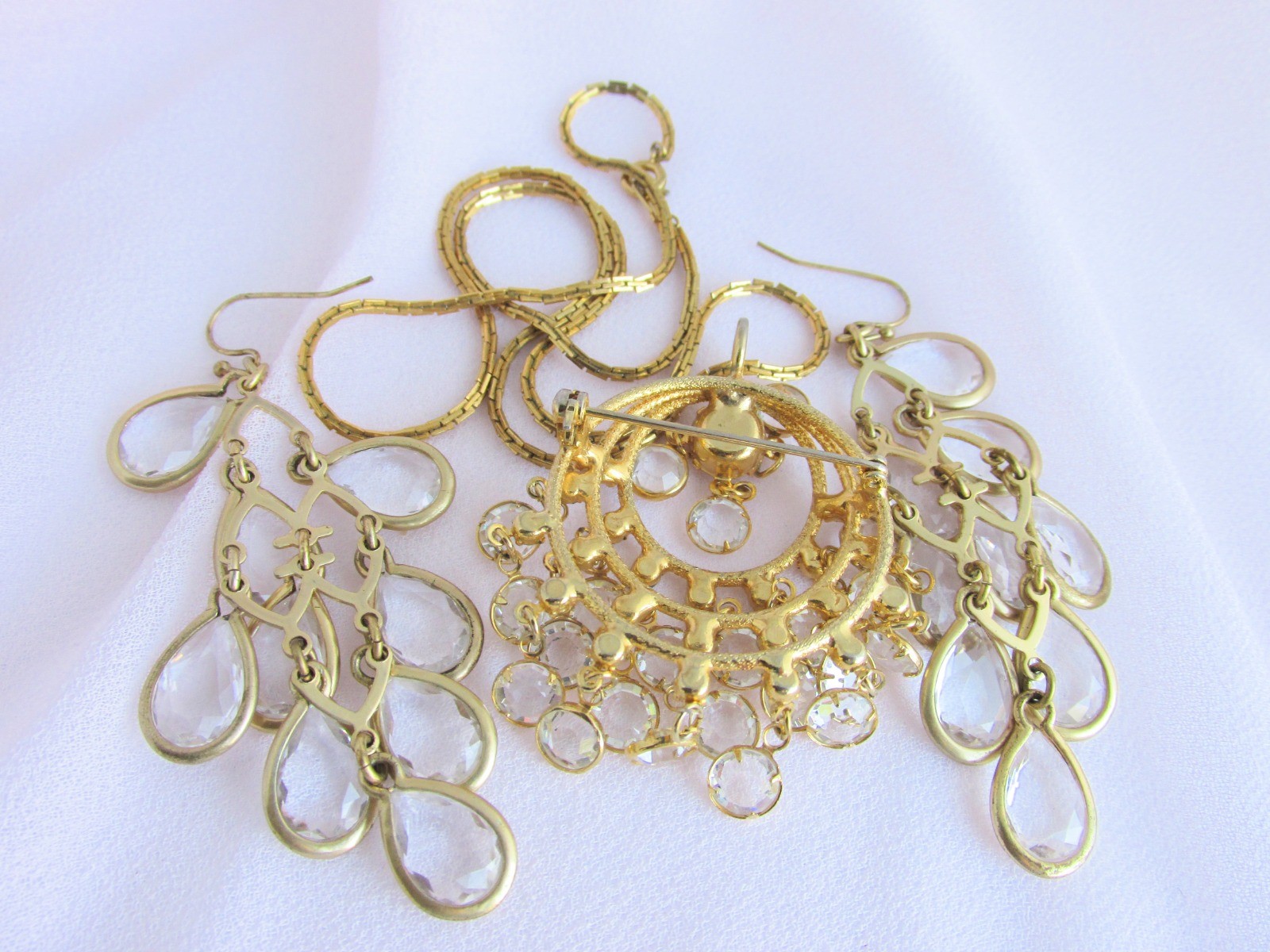 Lia Sophia Kiam Collection “Crystal Chandelier” Matte GoldTone Earrings +Pendant