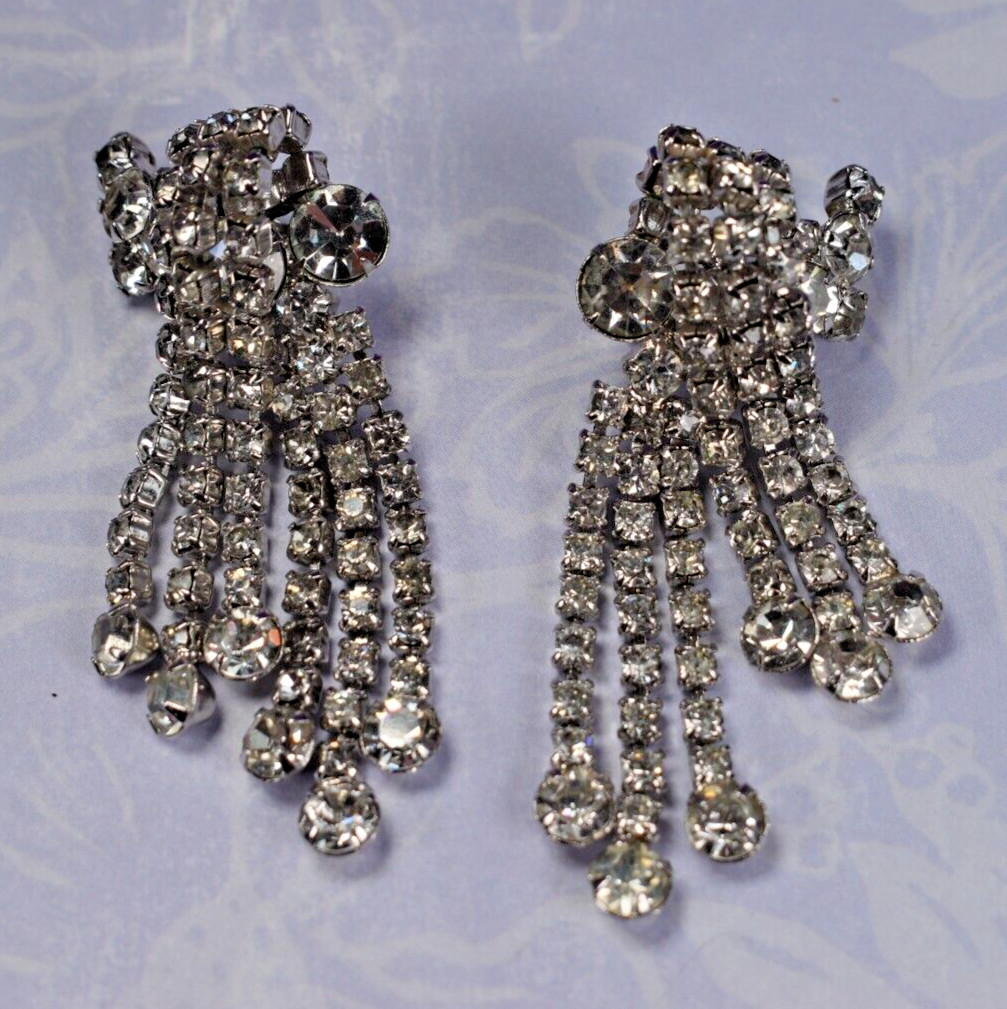Rare La Roco Quality Designer Chandelier Dangle Rhinestone Clip Earrings 2.9″