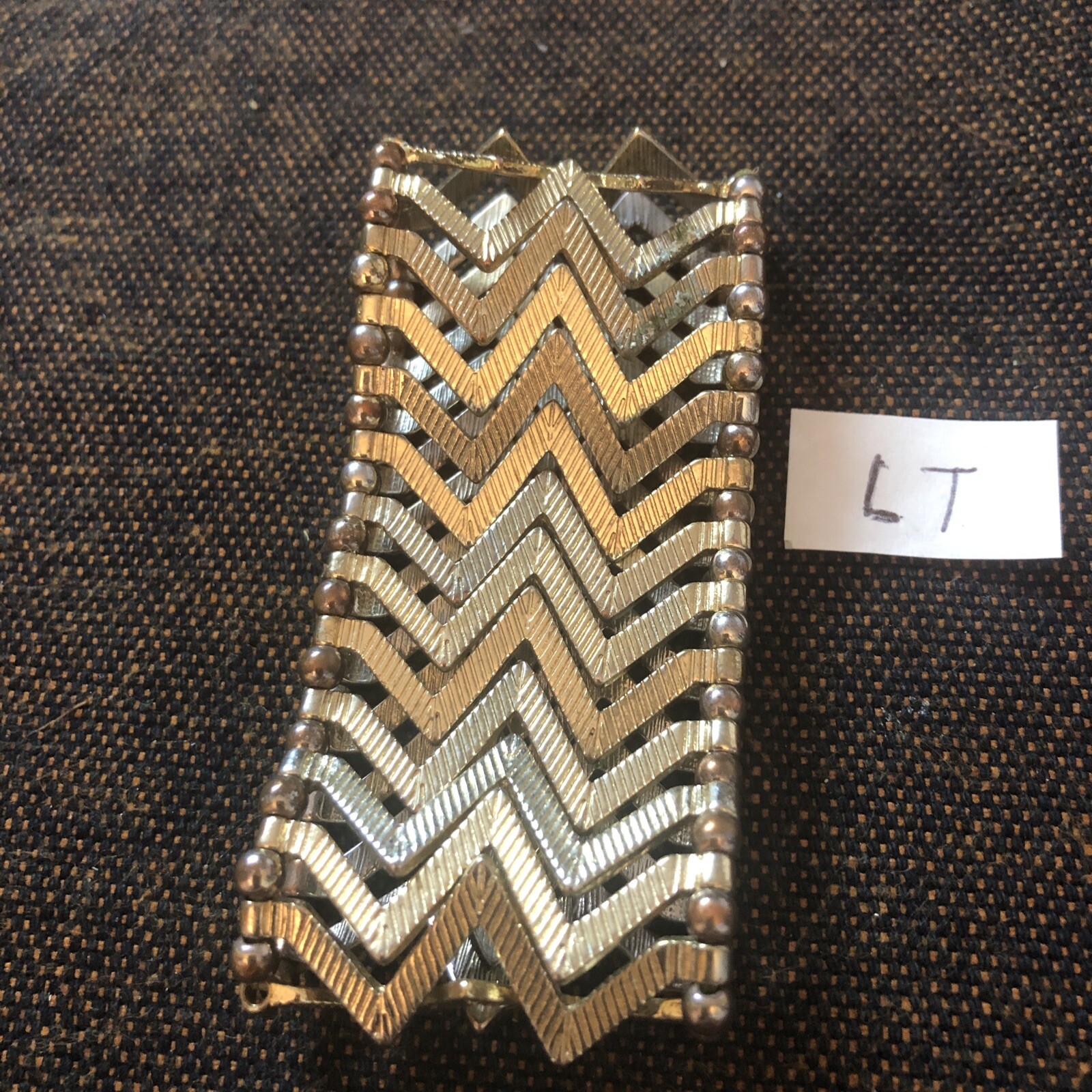 Vintage Rose Gold Tone Metal Zig Zag Stretch Bracelet Heavy 44g