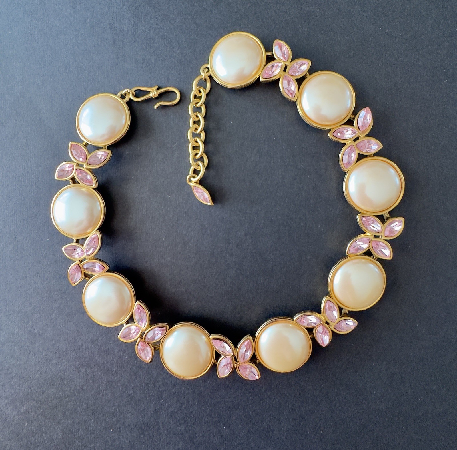 Vintage Monet Runway Necklace Faux Pearls Pink Crystal Gold Tone Statement