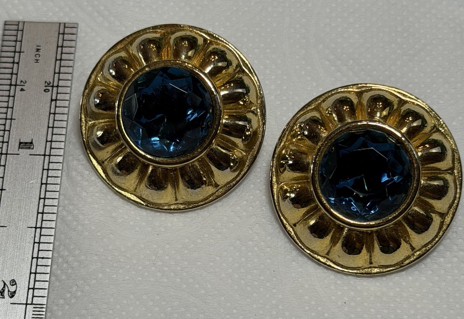Vintage Blue Faceted Glass Clip On Earrings Gold Tone Round Statement