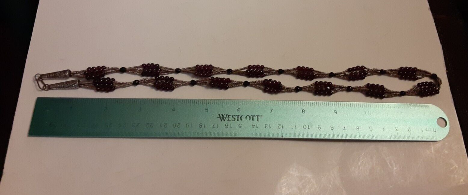 Vtg Artisan GARNET GLASS & Micro beaded Silver Hook Clasp Necklace