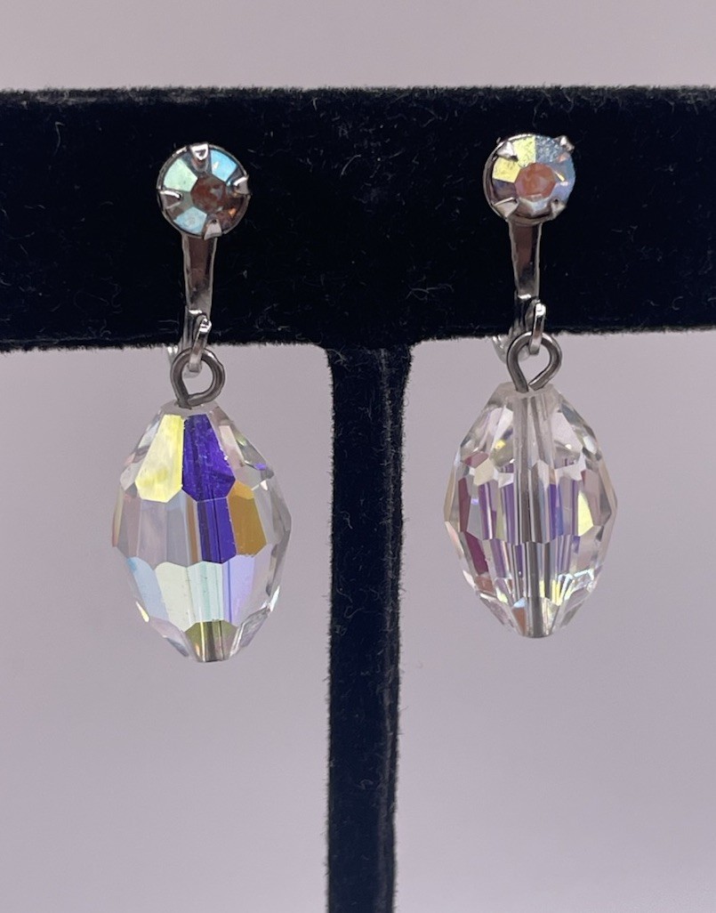 Vintage AB Aurora Borealis Faceted Crystal Drop Dangle Screw Back Earrings
