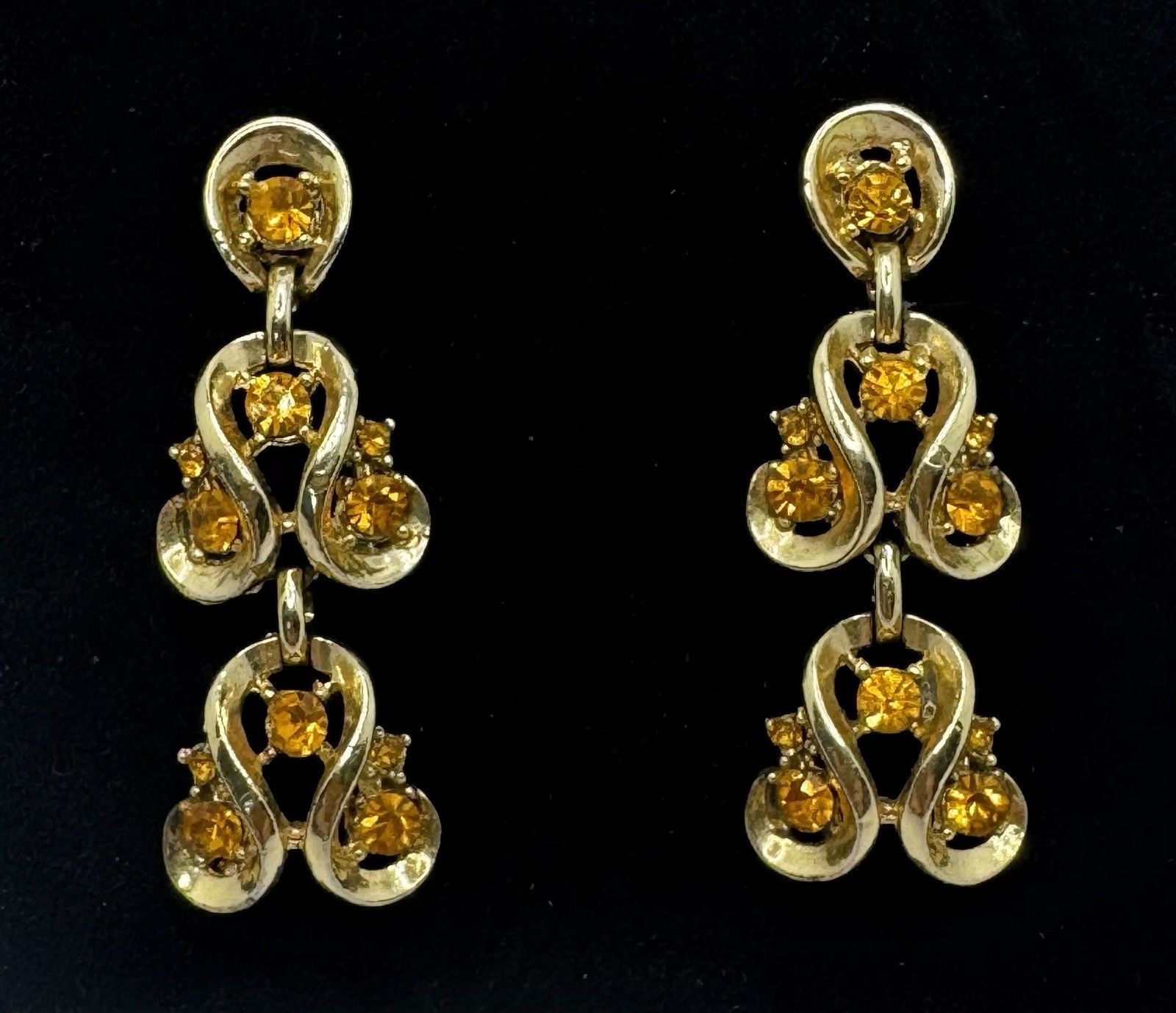 RARE Vintage 50’s CORO Amber Gold Rhinestone Drop Dangle Screw Back Earrings MCM